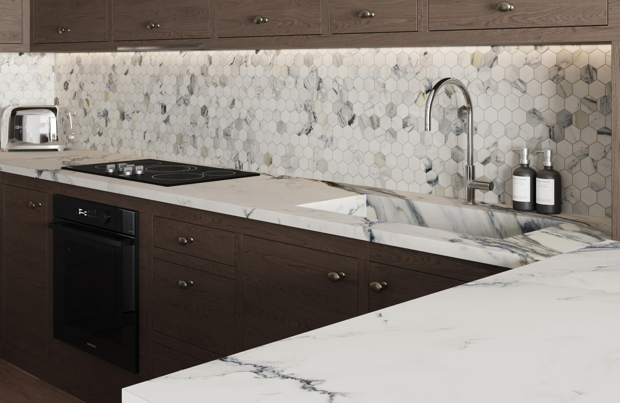 Modern kitchen with hexagon marble backsplash, waterfall countertop, and dark wood cabinetry for bold contrast.