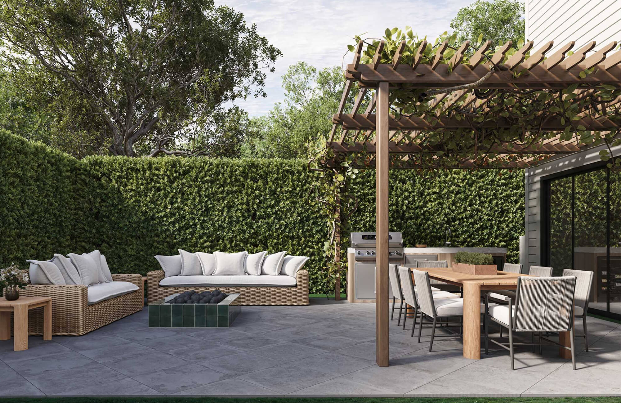 null Modern outdoor patio with beige wicker sofas and chairs, light wood dining table, gray metal chairs, and pergola-covered seating area.