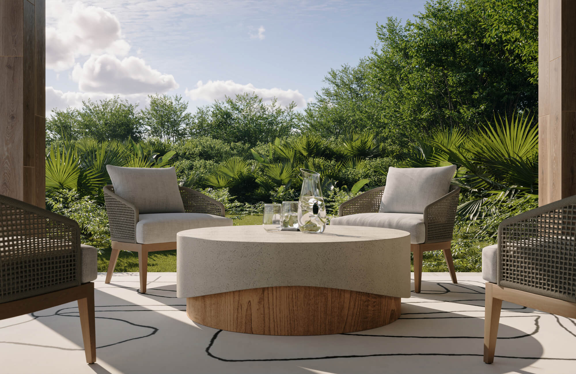 null Contemporary outdoor patio with beige cushioned chairs, brown woven frames, light wood legs, and round cream stone and wood table.