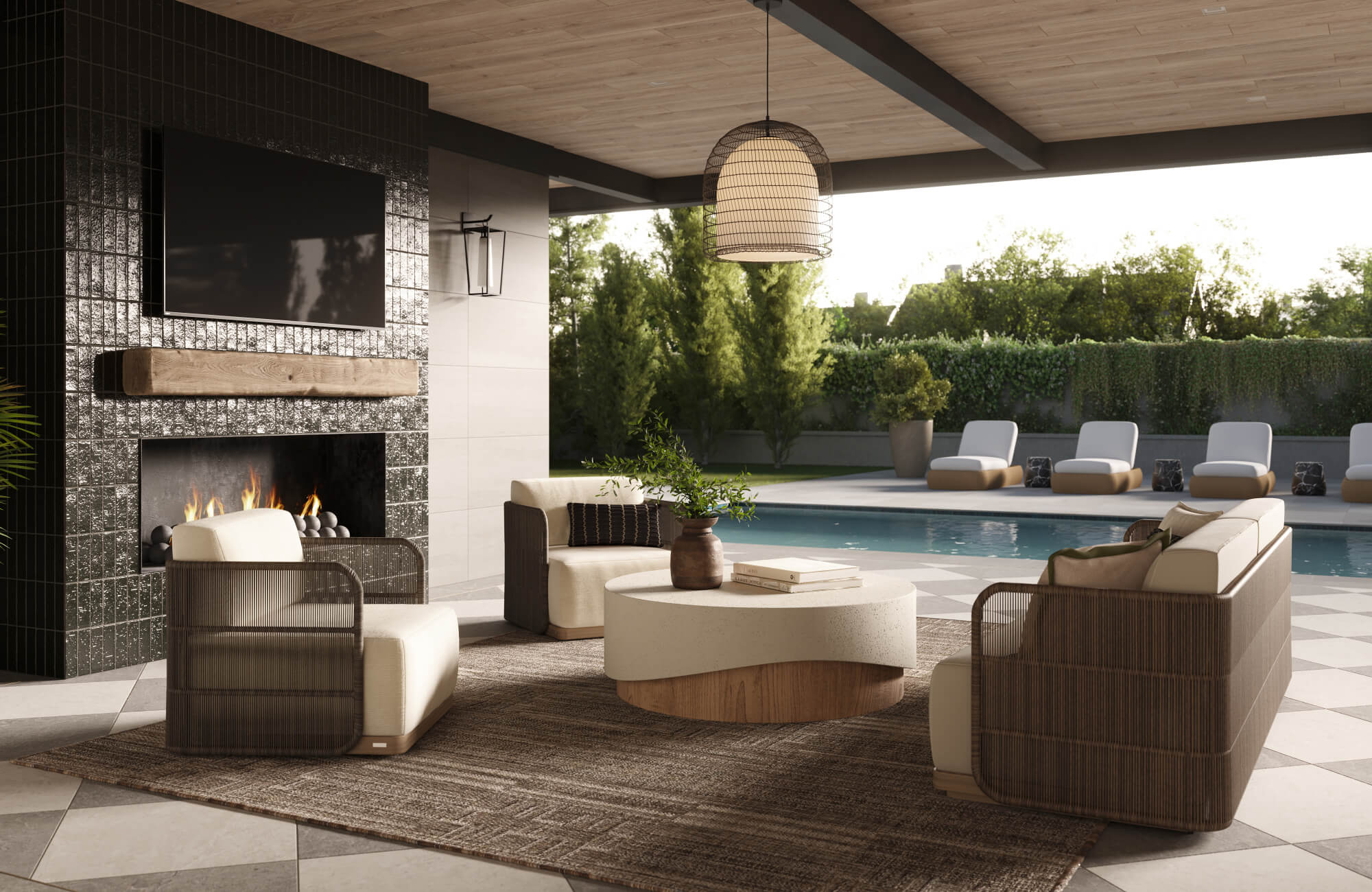 null Modern outdoor living area with beige cushioned seating, brown woven frames, round cream and wood coffee table, area rug, and poolside lounge chairs.