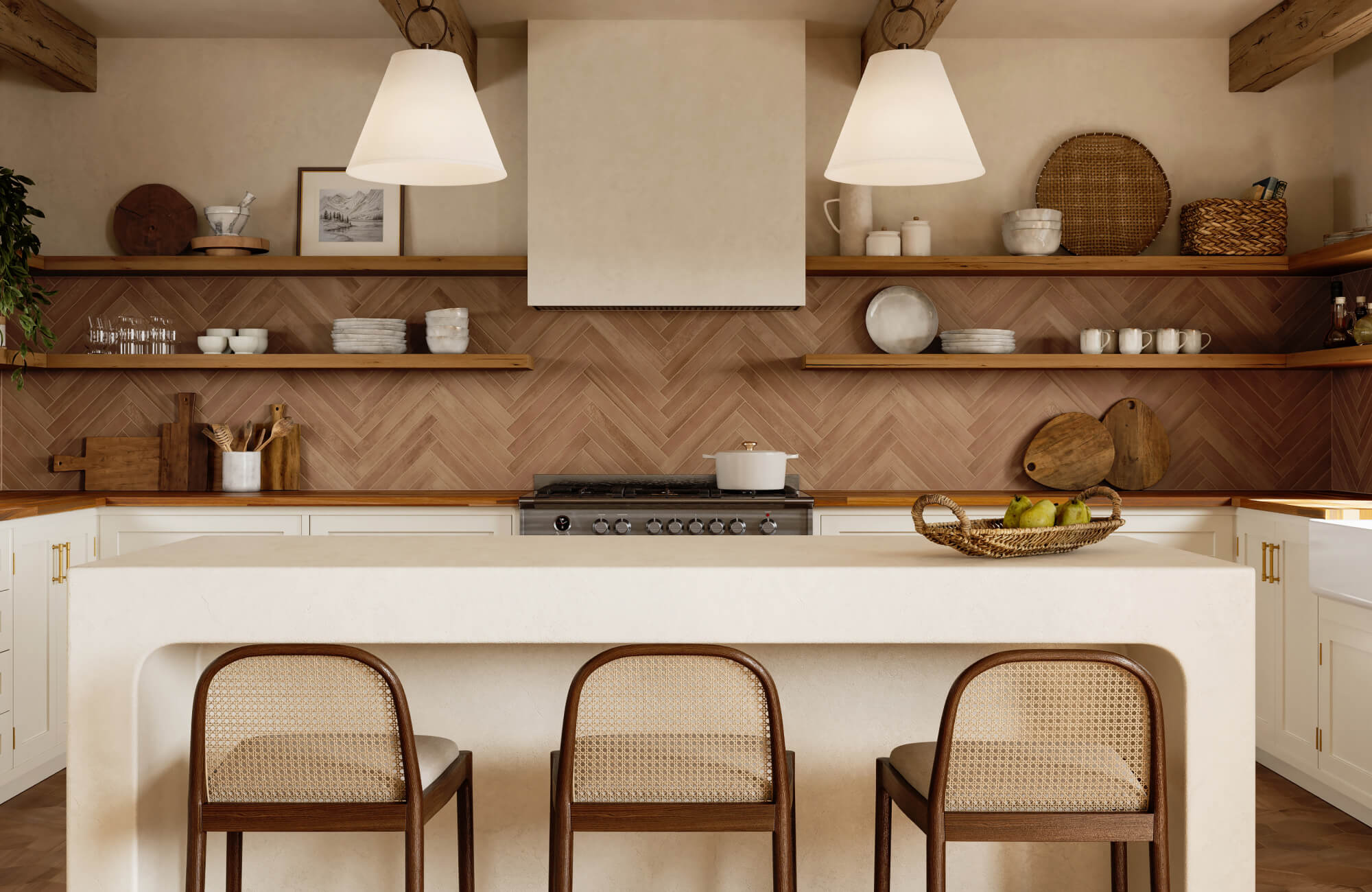 null Earthy kitchen featuring herringbone tile backsplash, open shelving, and twin white pendant lights over a curved island.