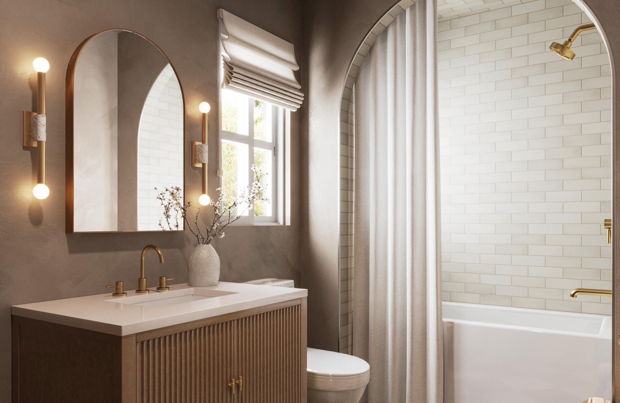 null Elegant bathroom with brass fixtures, soft globe wall sconces, and creamy subway tile shower framed by an arch.