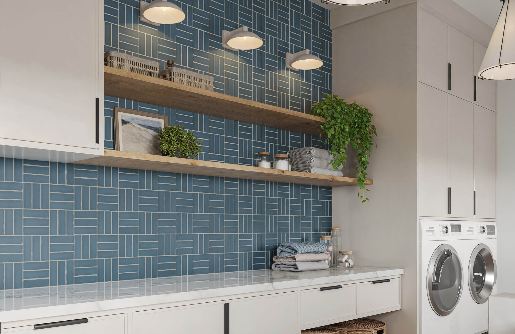 null Modern utility room featuring blue patterned tiles, wood shelves, and white cabinetry illuminated by sleek wall-mounted lights.