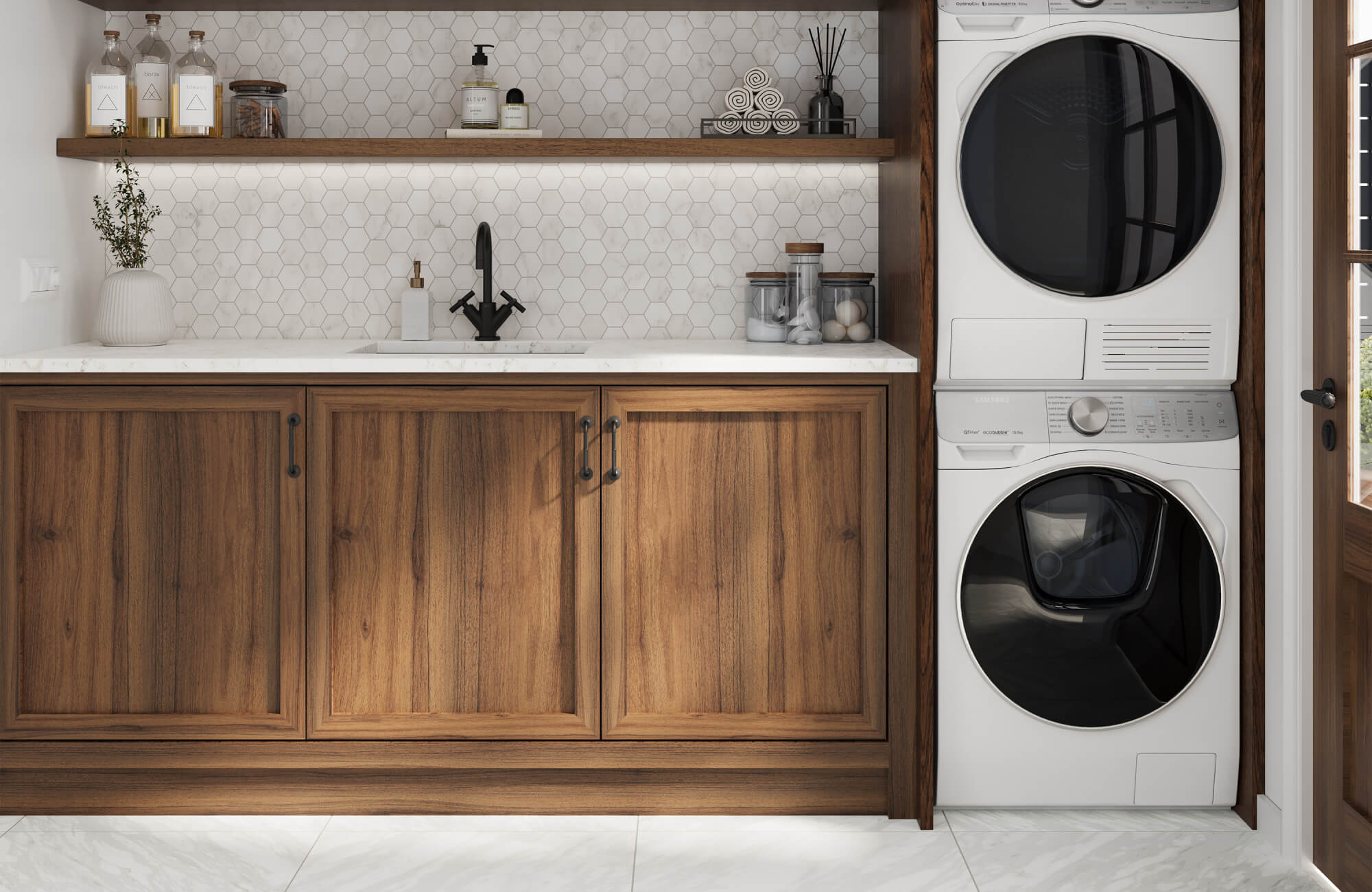 null Laundry room with wood cabinetry, hexagon tile backsplash, and under-shelf lighting highlighting a sleek black faucet and white countertop.