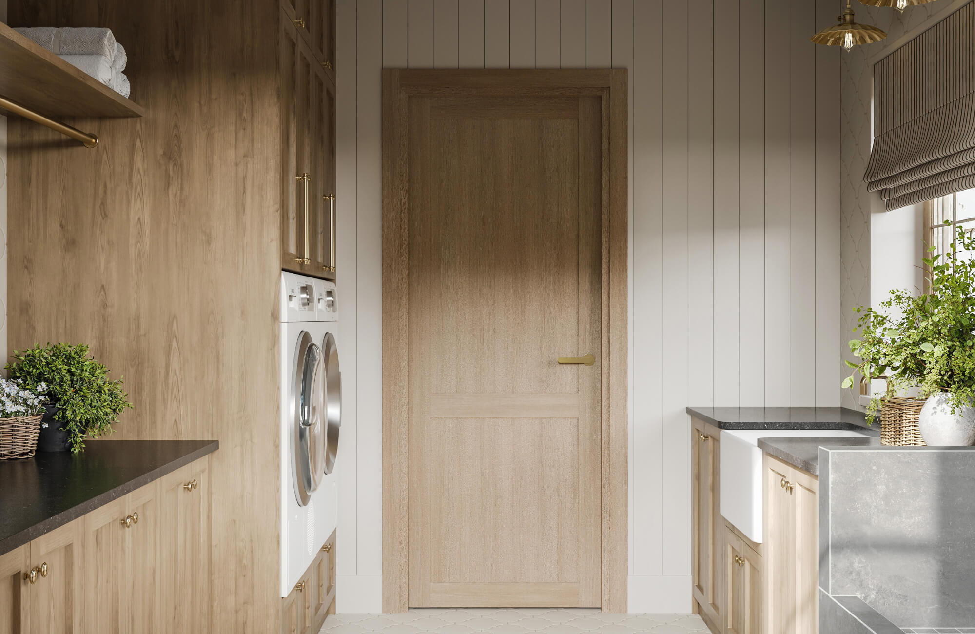 null Warm-toned laundry space featuring vertical wall paneling, brass fixtures, and soft daylight, enhancing the wood cabinetry and dark stone countertops.