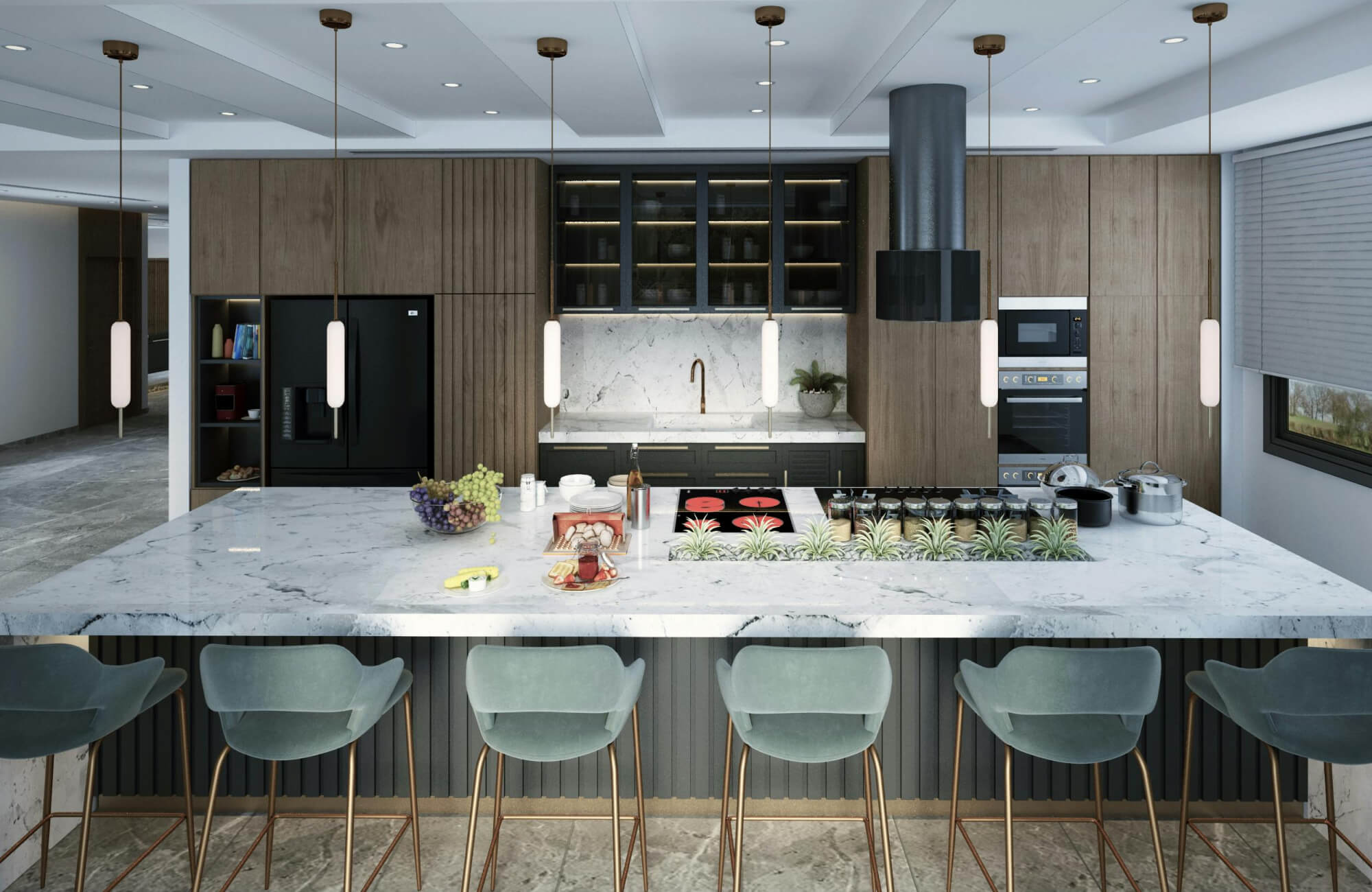 Modern open-concept kitchen featuring a large marble island with soft gray veining, highlighting a balanced option for durability and everyday countertop use.