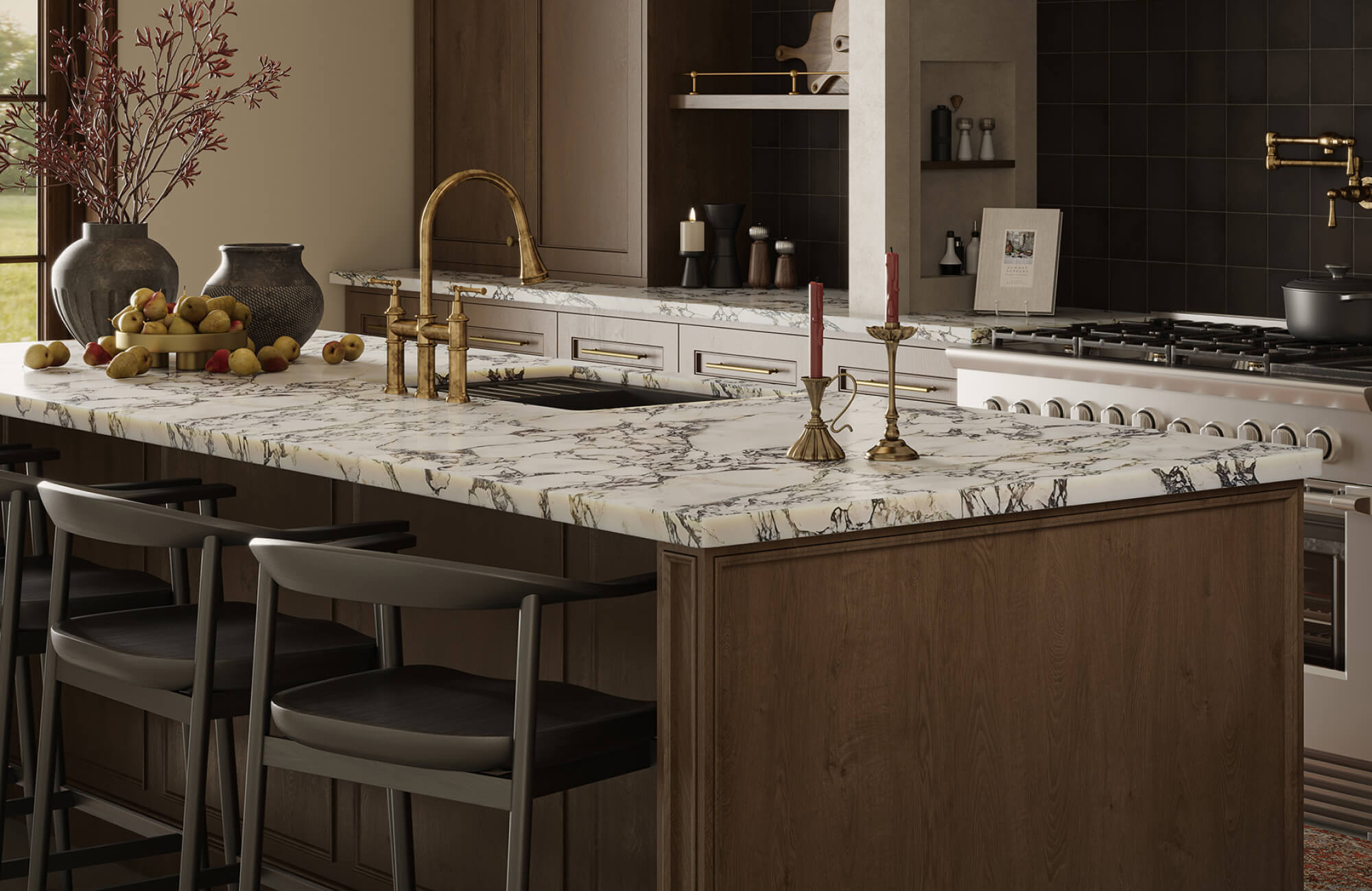 Warm-toned kitchen island with polished marble countertop and intricate veining, emphasizing a luxurious surface that enhances both aesthetics and functionality.