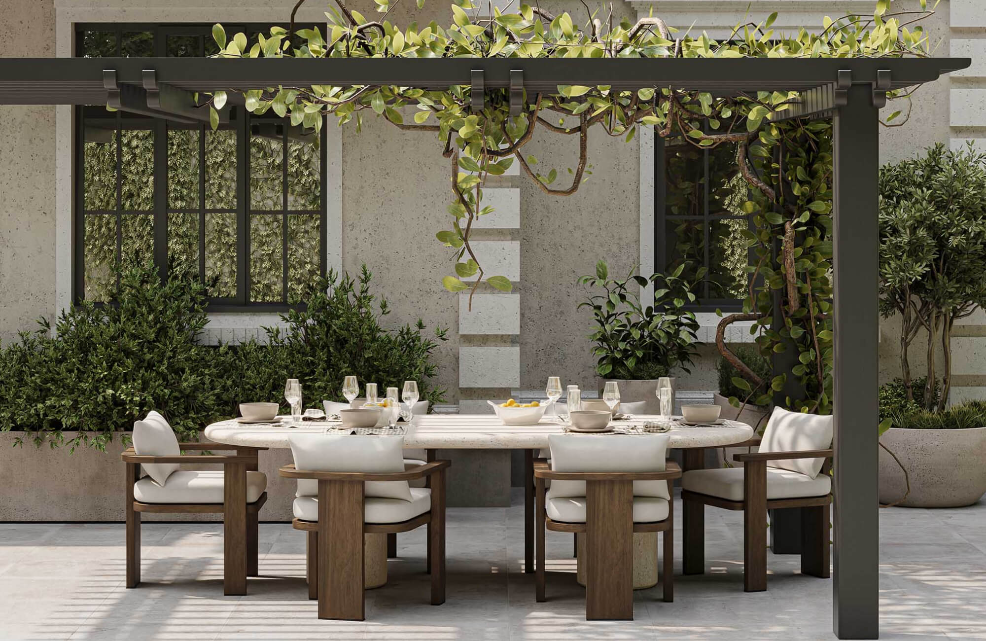 null Garden dining area with a long stone table, cushioned wood chairs, climbing vines, and a dark pergola creating filtered shade.