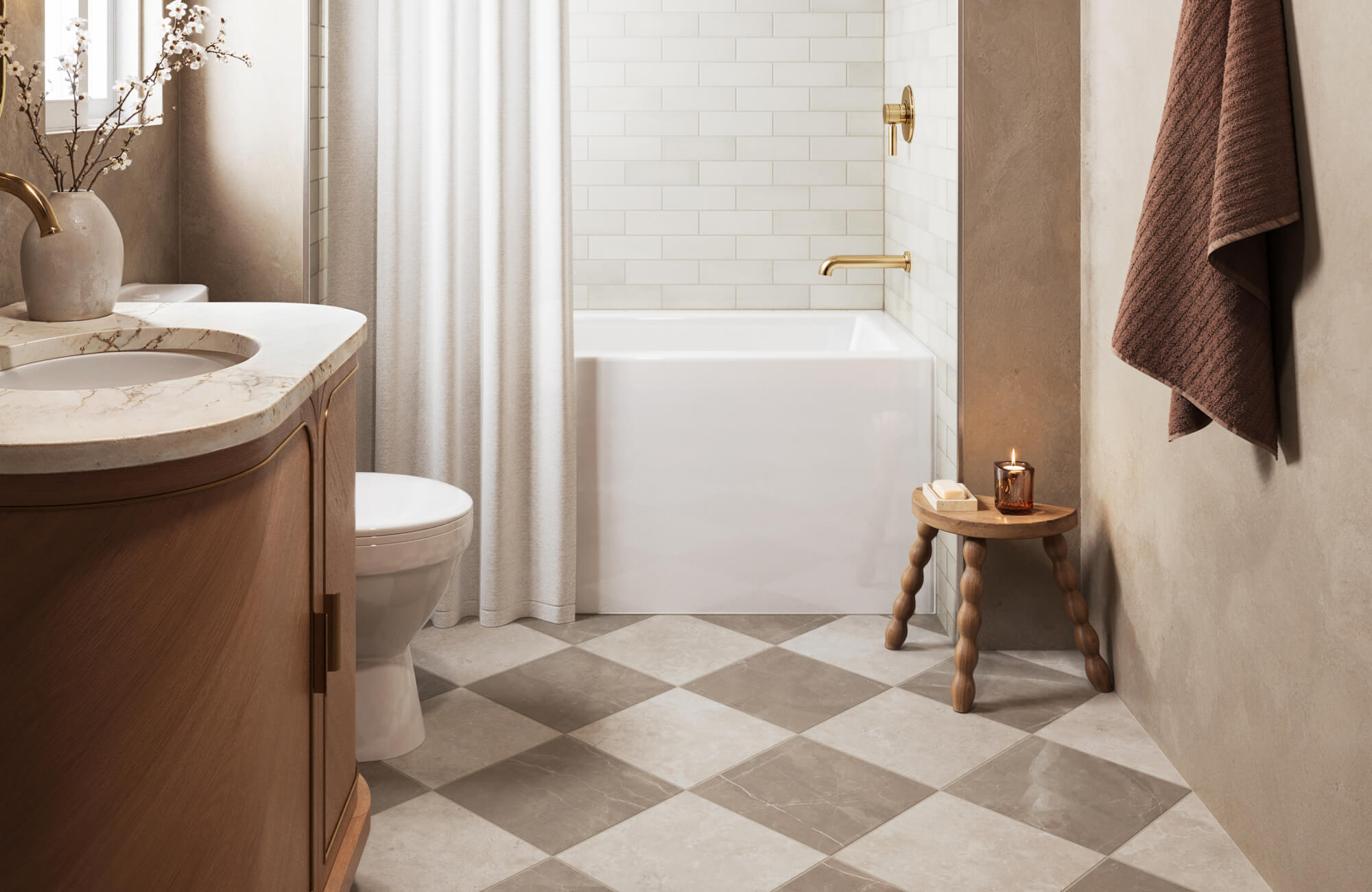 A cozy bathroom with a classic checkerboard tile floor, marble countertop, brass fixtures, and a soft neutral palette for a timeless, elegant look.