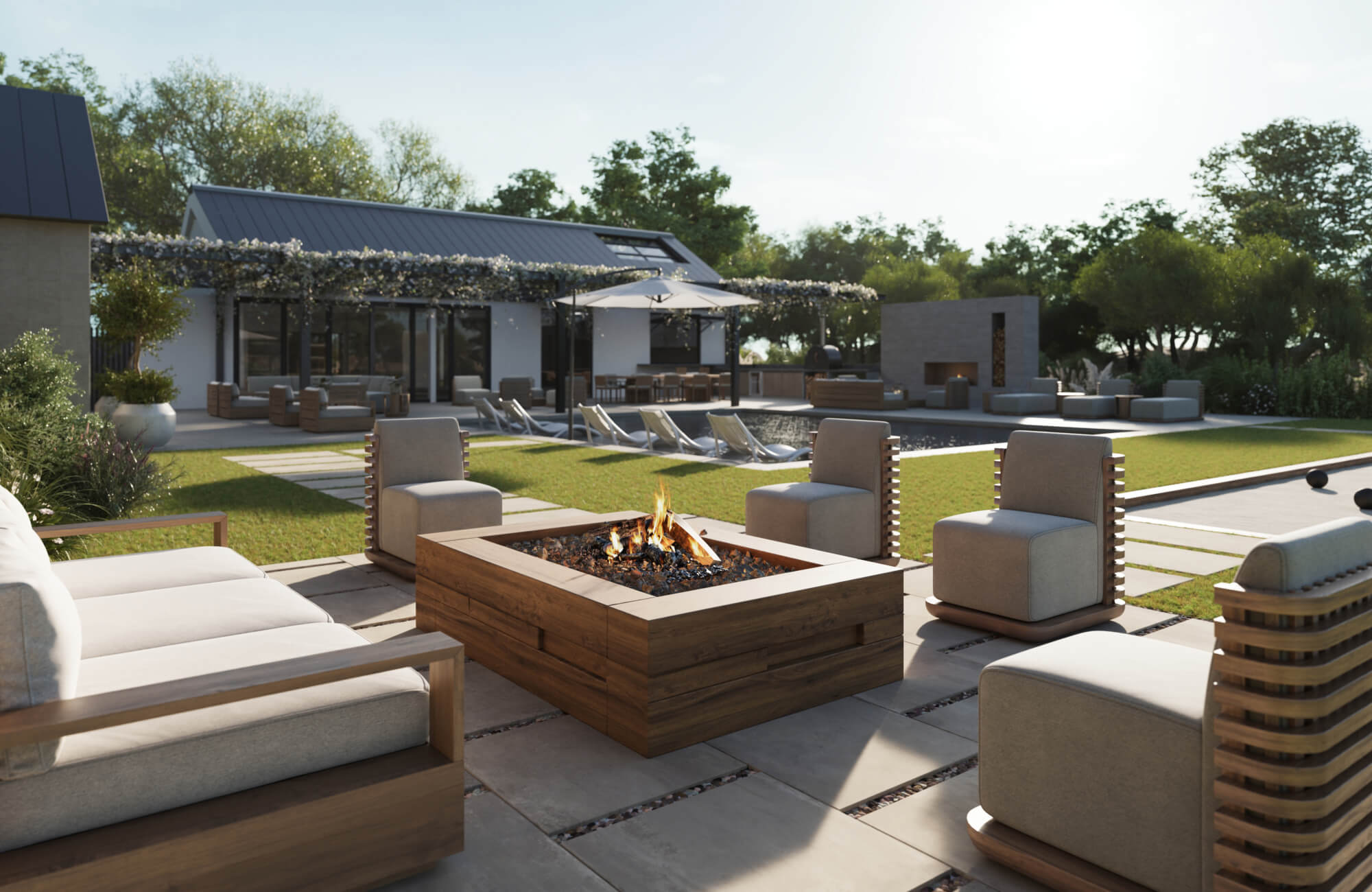 null Contemporary backyard retreat featuring large-format porcelain paver outdoor flooring, framing a modern fire pit lounge and pool area with clean lines, neutral tones, and seamless indoor-outdoor living appeal.