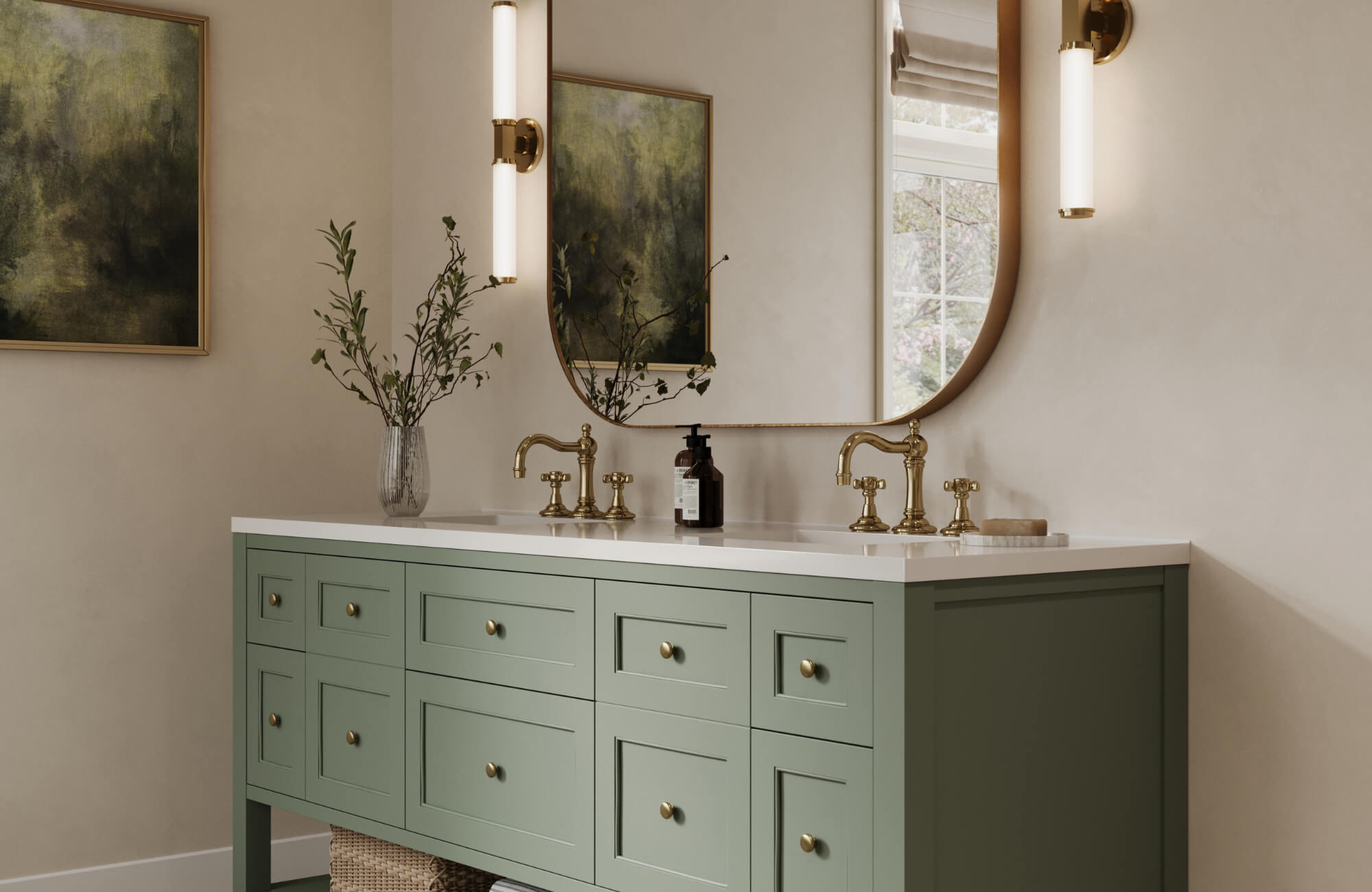 null Stylish bathroom with a green vanity, brass fixtures, and vertical sconces flanking an arched mirror above a white countertop.
