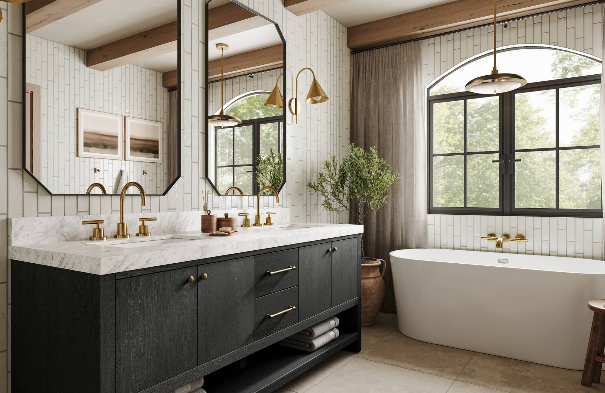 null Modern bathroom with black vanity, marble countertop, brass fixtures, and cone-shaped sconces beside mirrors near a freestanding tub.