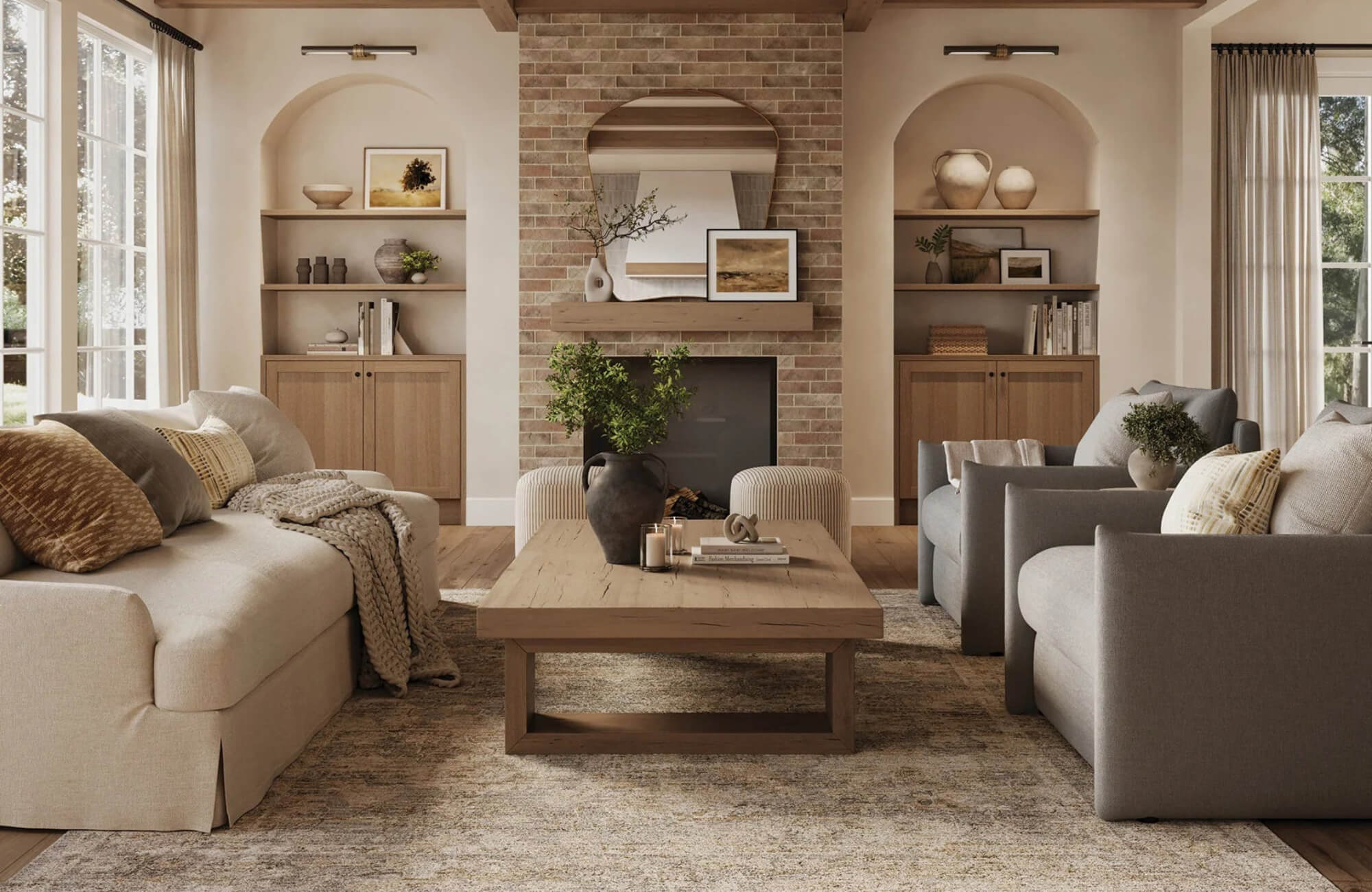 null A warm, inviting living room with layered textures, featuring a large area rug that complements the neutral décor.
