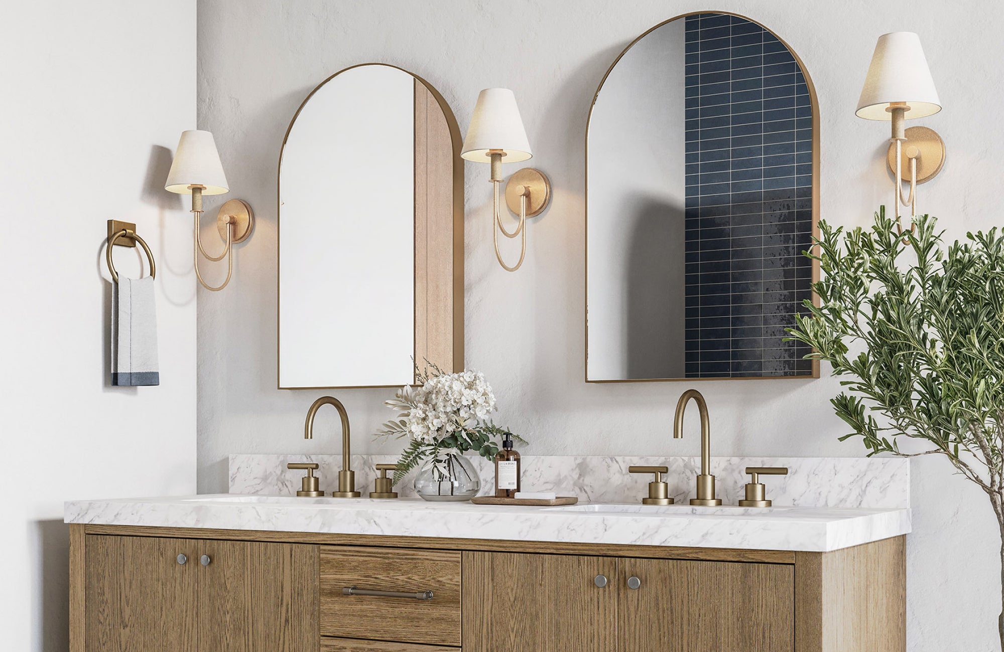 null Warm wood double vanity with balanced width and marble top, showcasing standard 72-inch double vanity proportions.