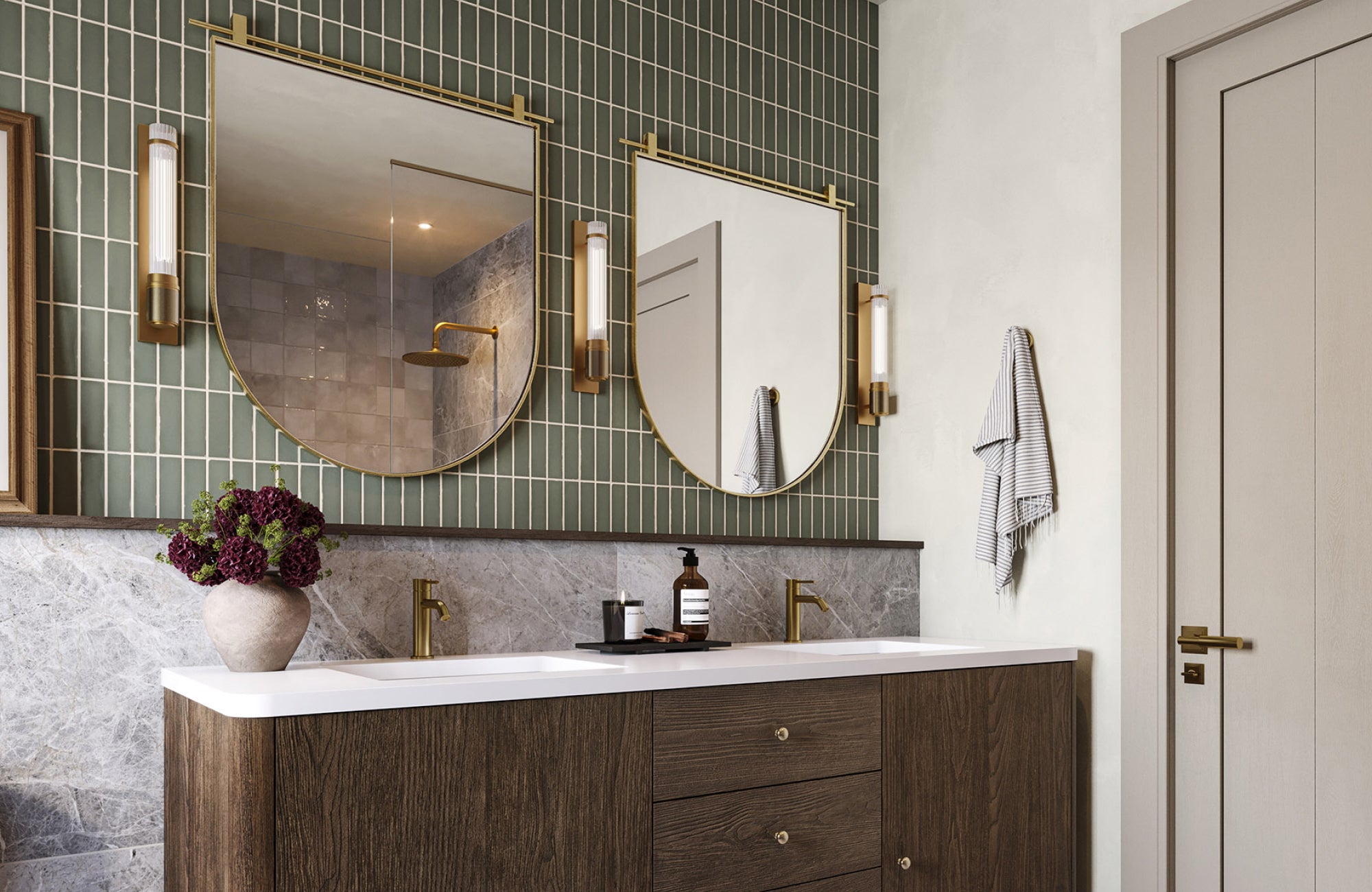 null Dark wood double vanity with dual mirrors and wall sconces, perfectly proportioned for a spacious primary bathroom.