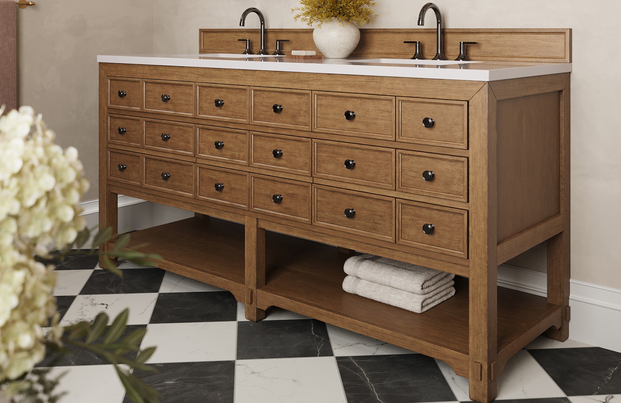 null Large amber-toned double vanity with multiple drawers and open shelving, illustrating generous 72-inch width storage.