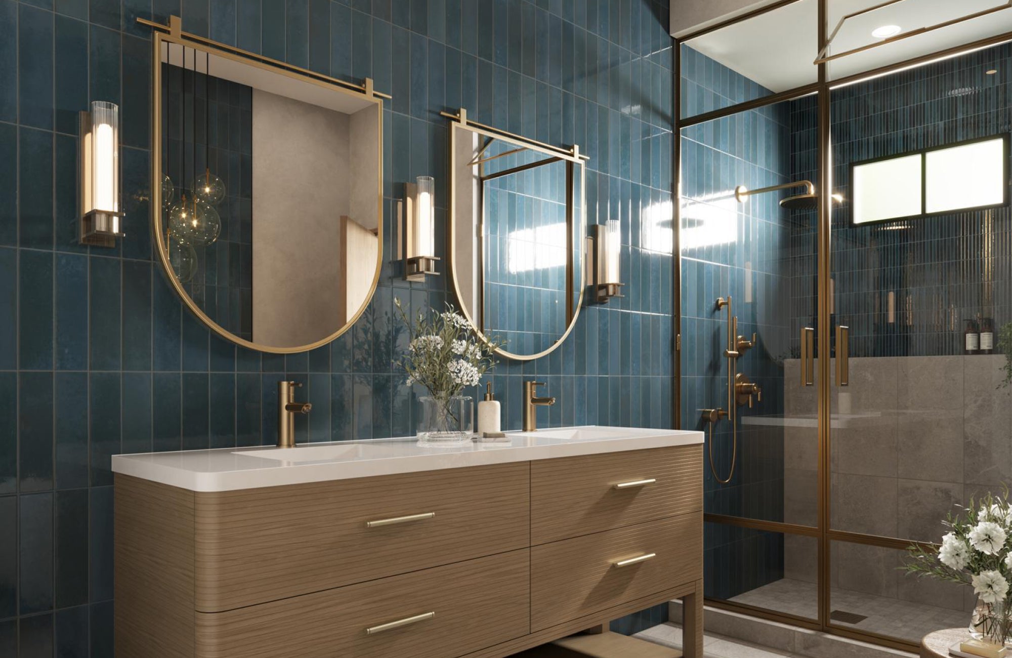 null Contemporary double vanity with sleek drawers and open base shelf, designed for modern large-scale bathroom layouts.