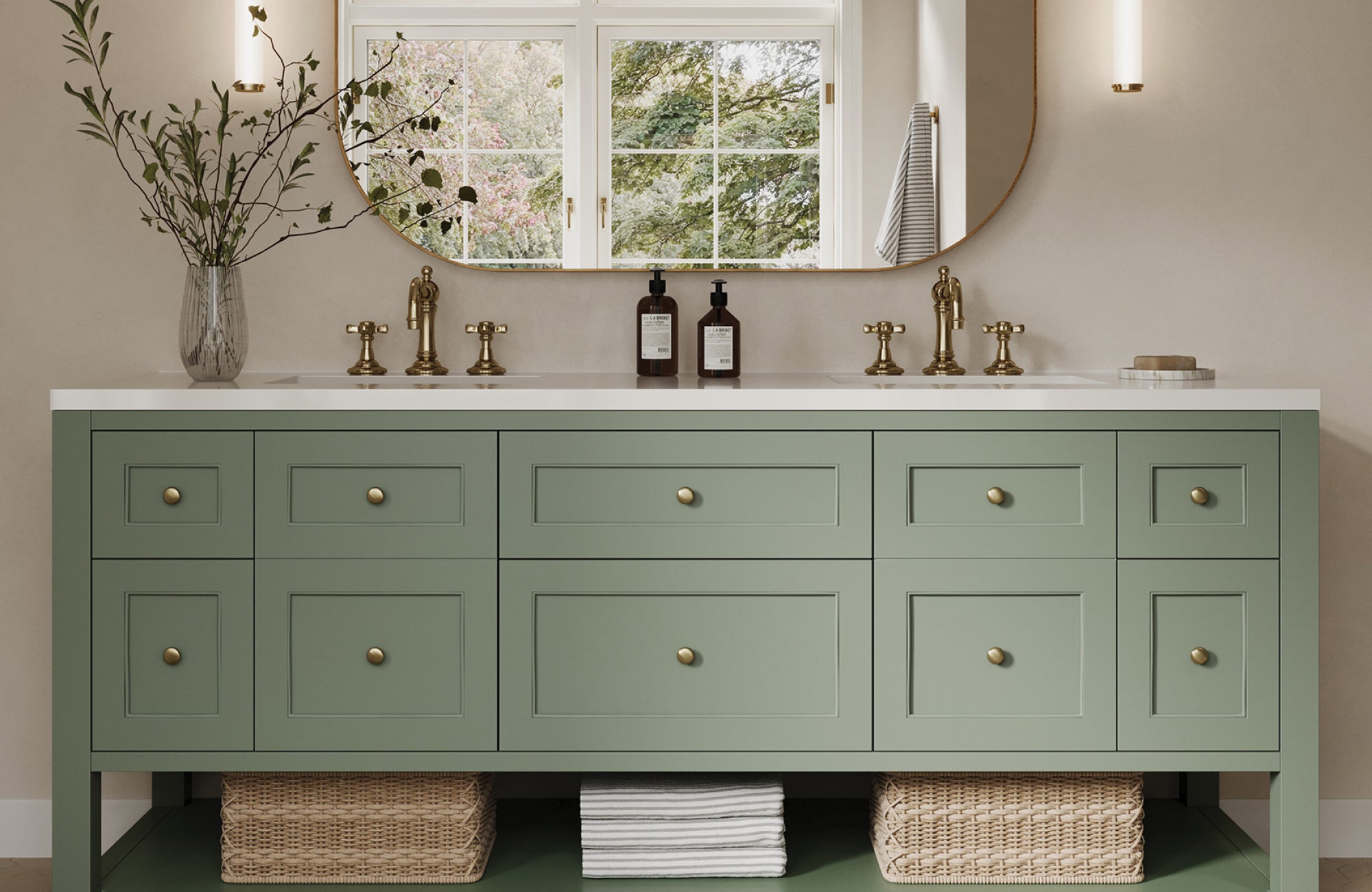 null Soft green double vanity with wide drawers and open bottom storage, demonstrating spacious and functional 72-inch sizing.