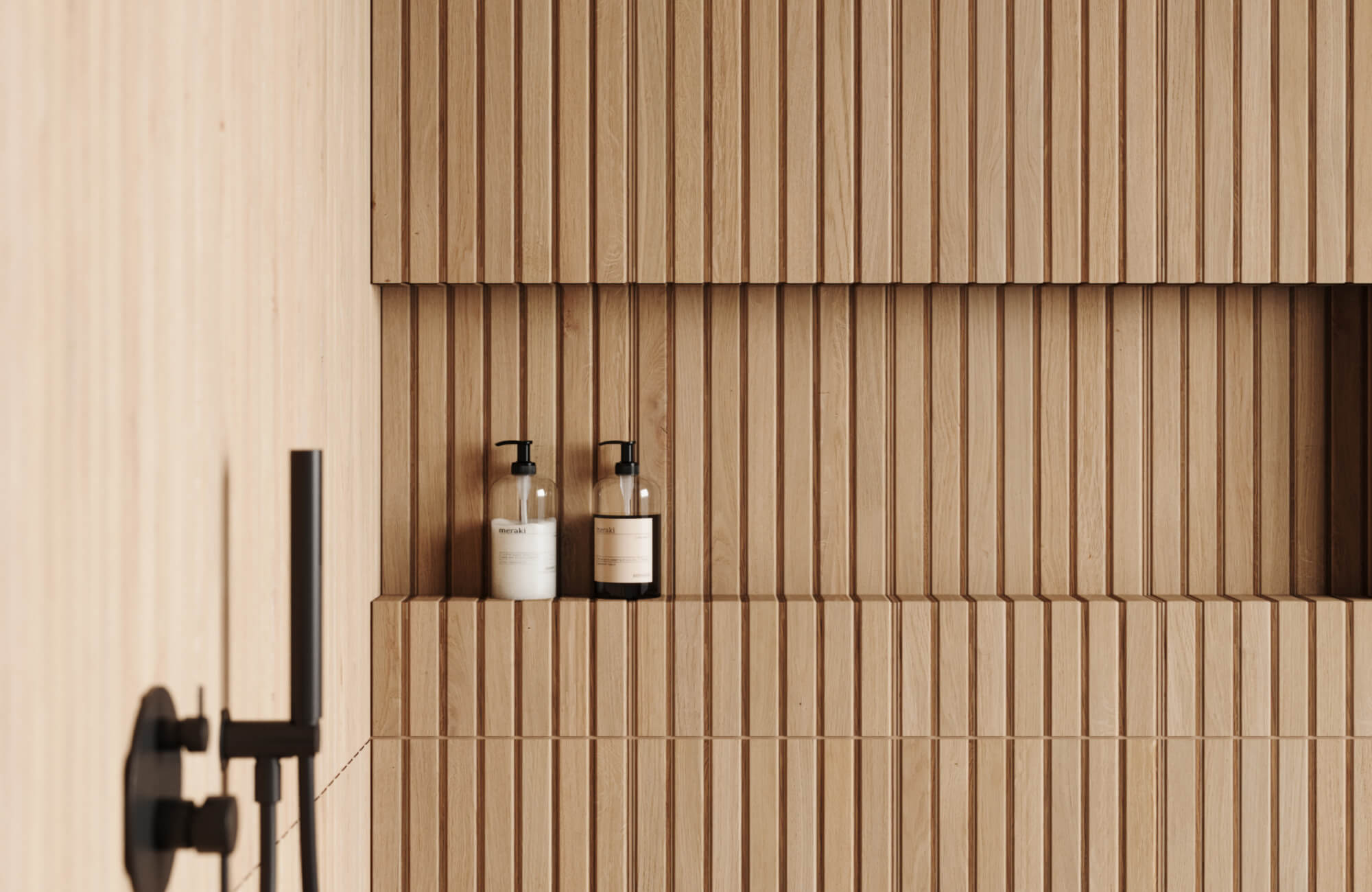 null Modern vertical slatted wood look tiles bring a sleek, natural aesthetic to the shower, enhancing texture and visual interest.
