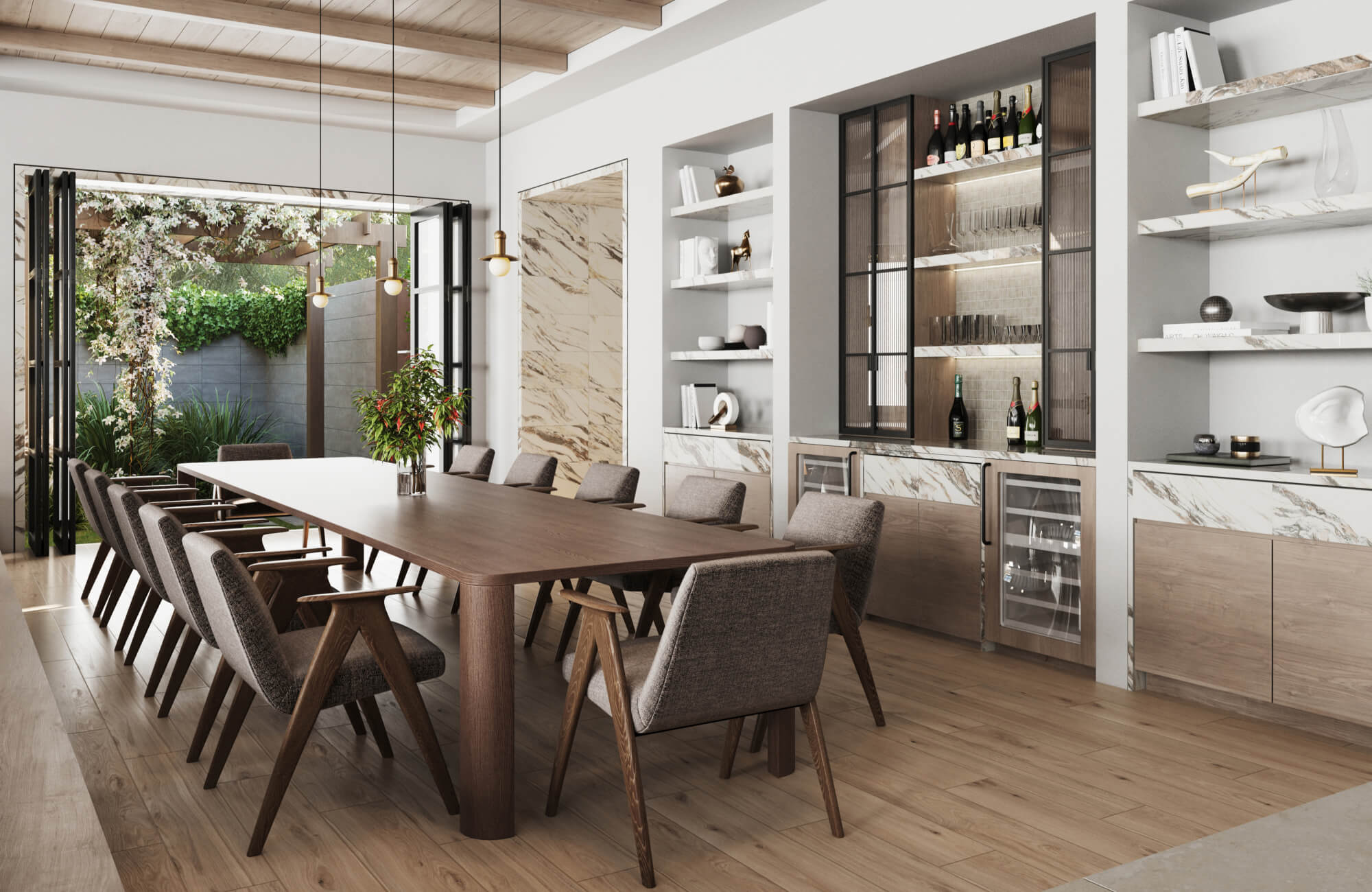 null Light wood look tiles ground an elegant dining space, blending indoor-outdoor living with a natural and sophisticated design.