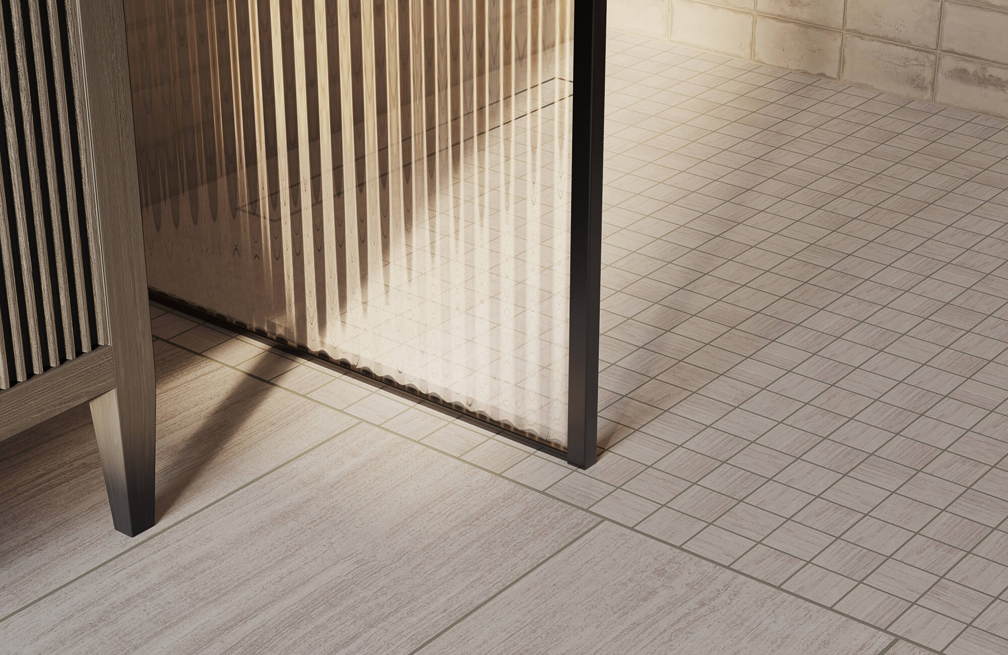 A mix of beige square shower tiles and light beige wood-look flooring, paired with a glass divider for a fresh, low-maintenance setup.
