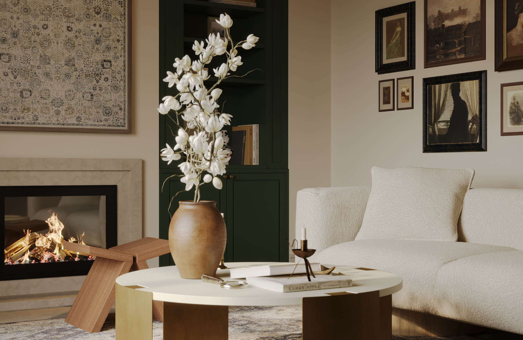 null Cozy living room corner with gallery wall art, fireplace, textured sofa, and warm wood furniture creating an inviting, lived-in atmosphere.