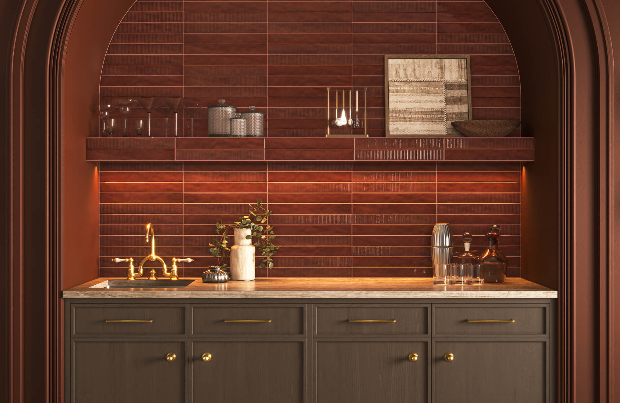 null Warm-toned bar area with wood tile walls, ambient lighting, framed art, and brass fixtures creating depth, contrast, and visual richness.
