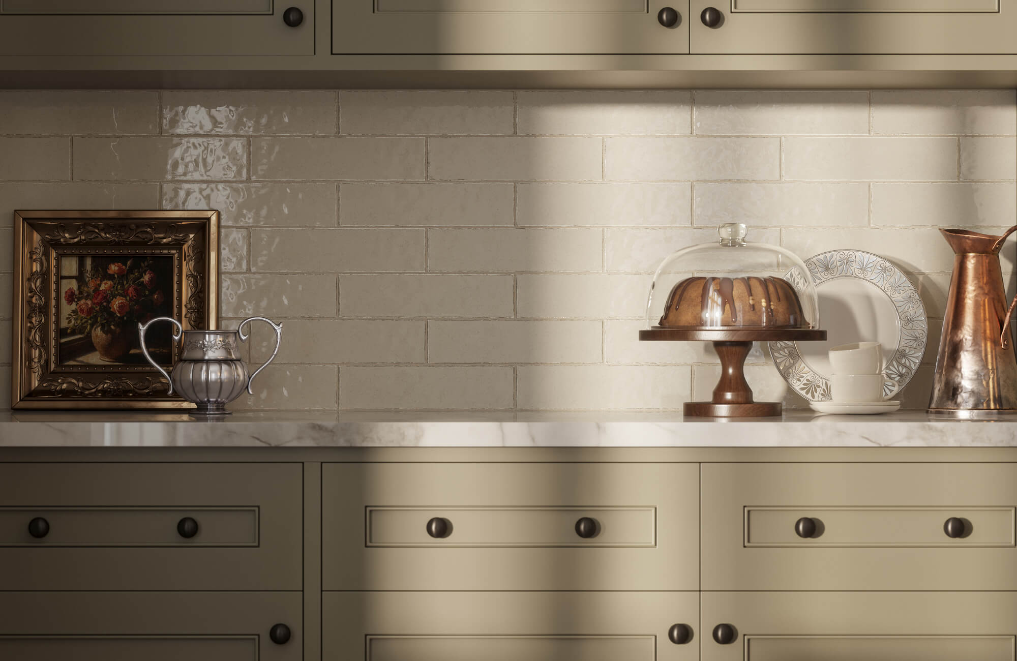 null Neutral kitchen shelf with framed vintage artwork, cake stand, ceramics, and soft lighting creating a timeless, layered, and lived-in feel.