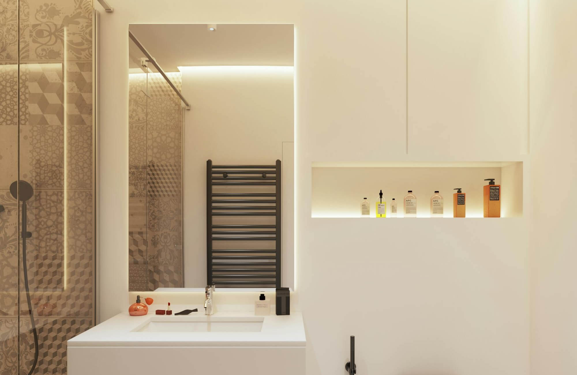Minimalist bathroom with large frameless backlit mirror, white integrated sink vanity, built-in illuminated shelf, and patterned glass shower wall