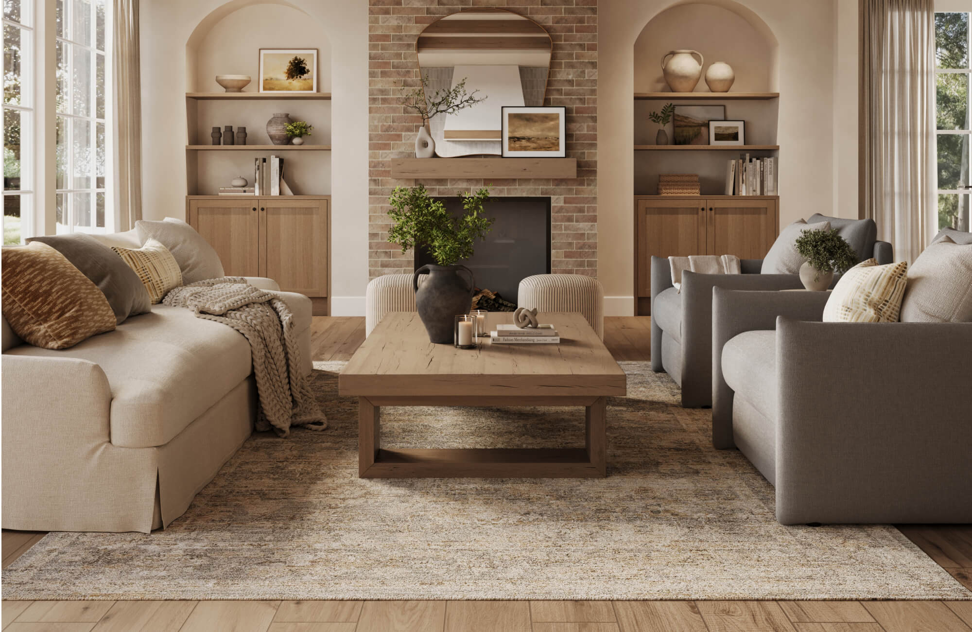 An inviting living room with light wood-look tile flooring, a soft neutral area rug, a brick fireplace, and cozy seating in warm tones.