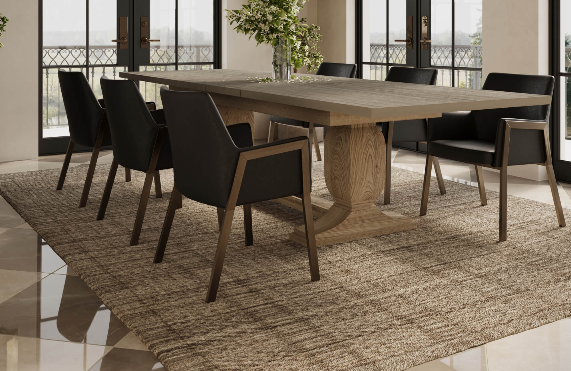 Elegant dining room with glossy tile flooring, a textured neutral area rug, a solid wood table, and black upholstered chairs by tall windows.
