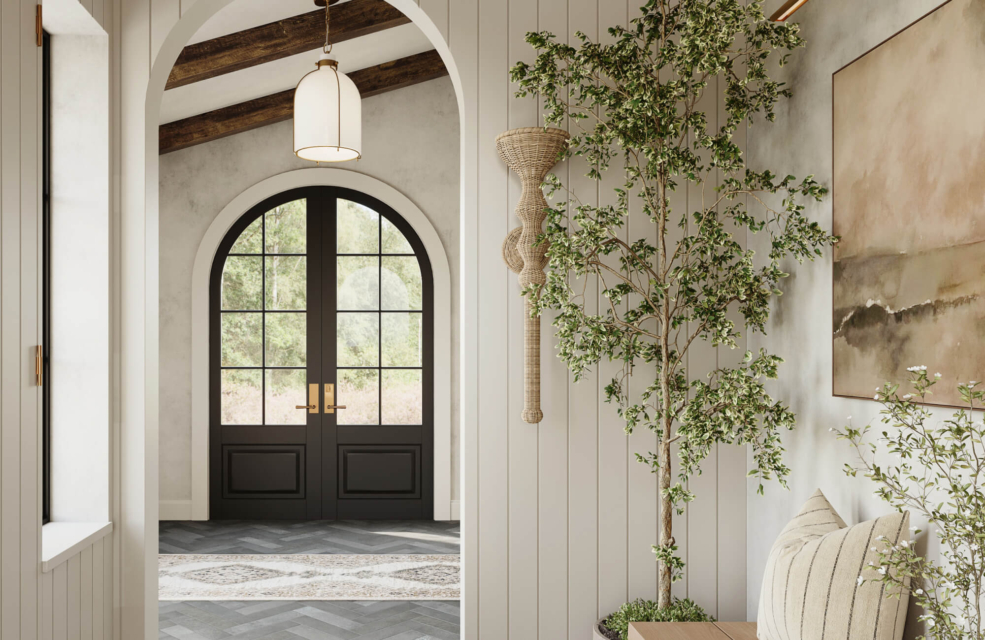 Serene entryway with gray herringbone tile flooring, a patterned runner rug, arched black doors, and soft neutral décor.