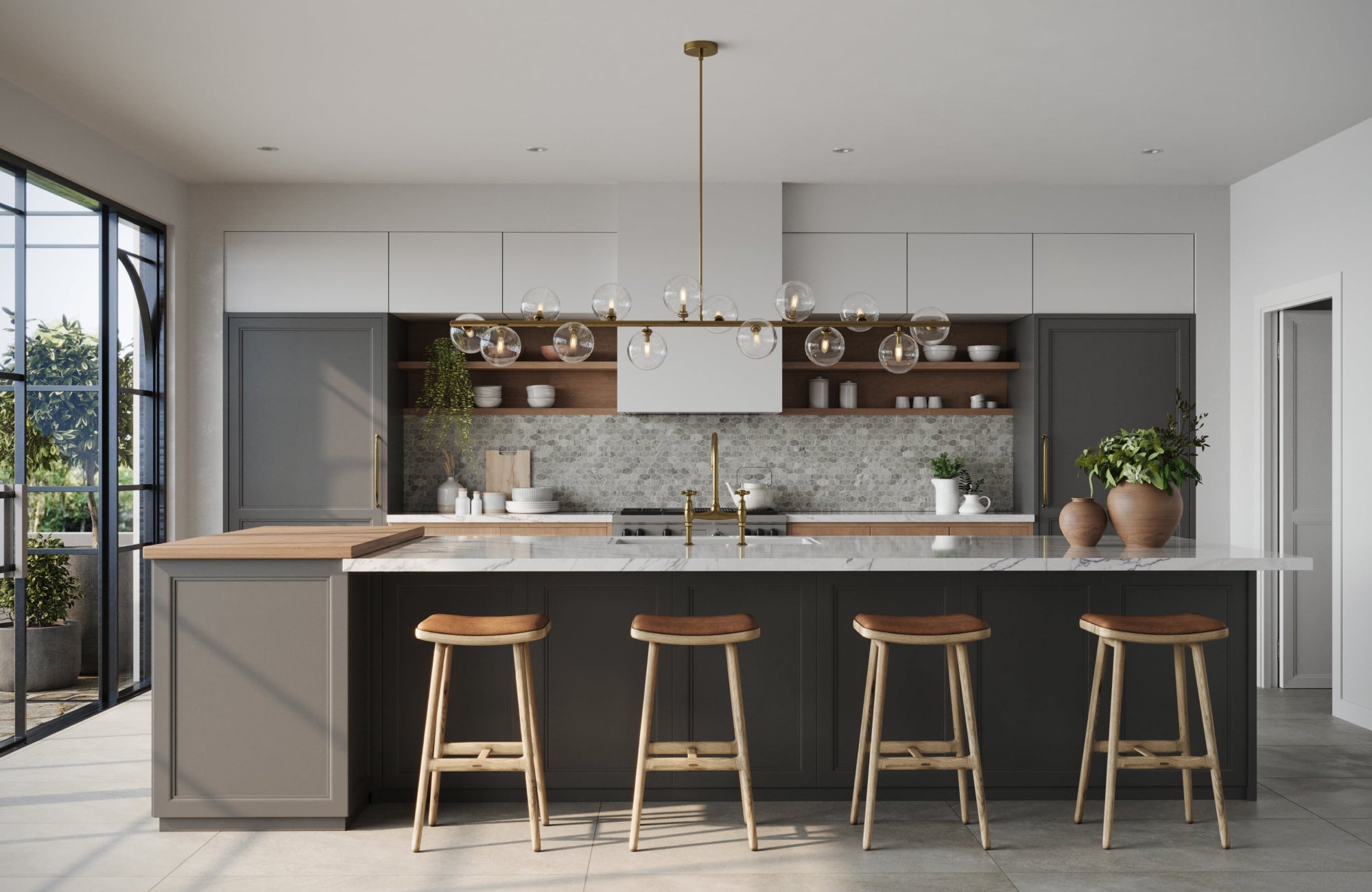 null Sleek linear chandelier illuminating a contemporary kitchen, enhancing focus and balance through soft light.