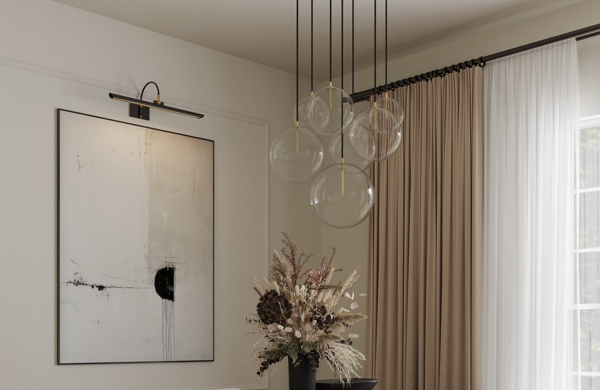 null Minimalist glass globe chandelier adding balance and proportion to a softly lit dining nook.