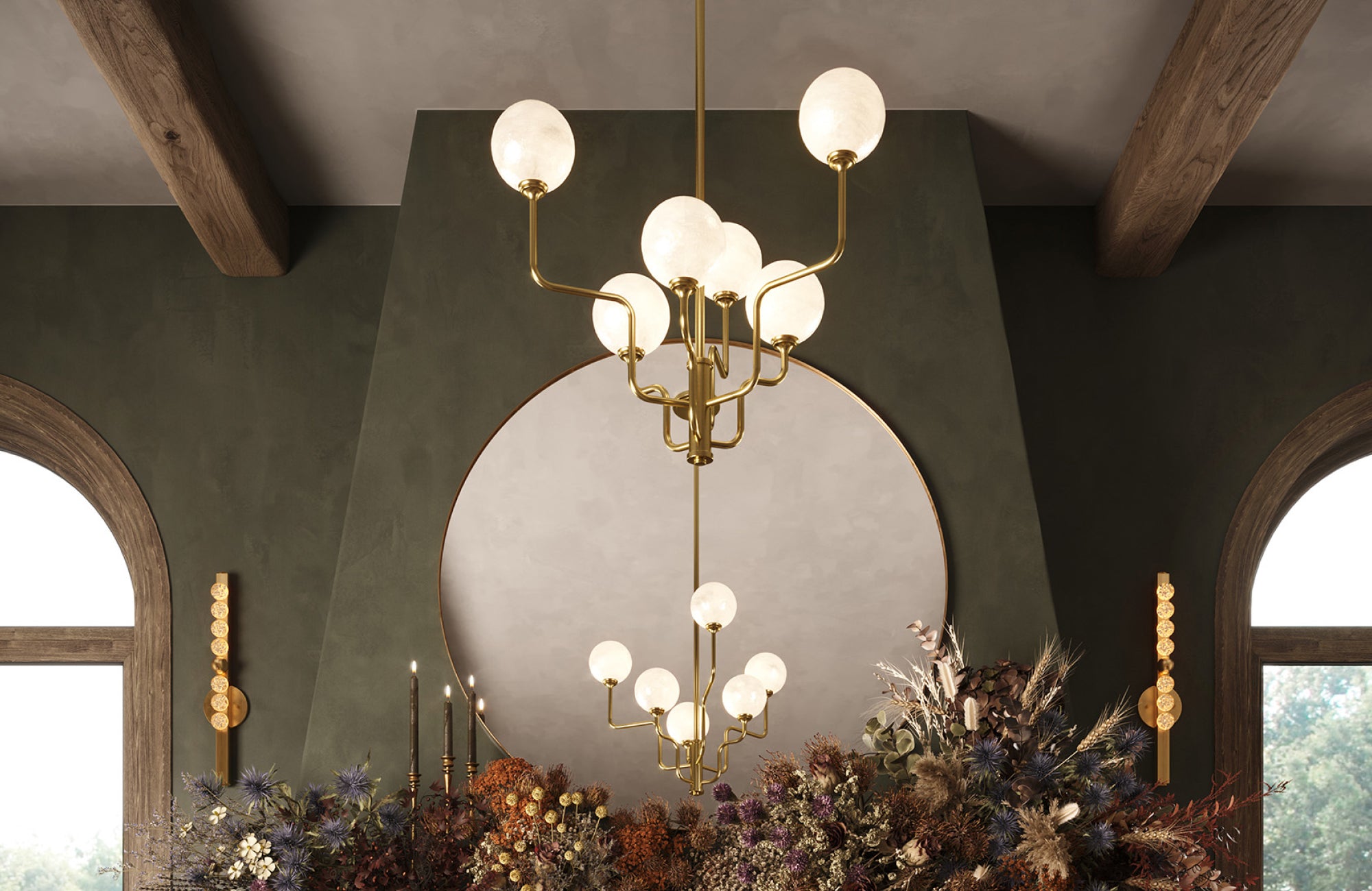 null Gold multi-globe chandelier reflecting warm light in a cozy space, fostering calm and positive chi.