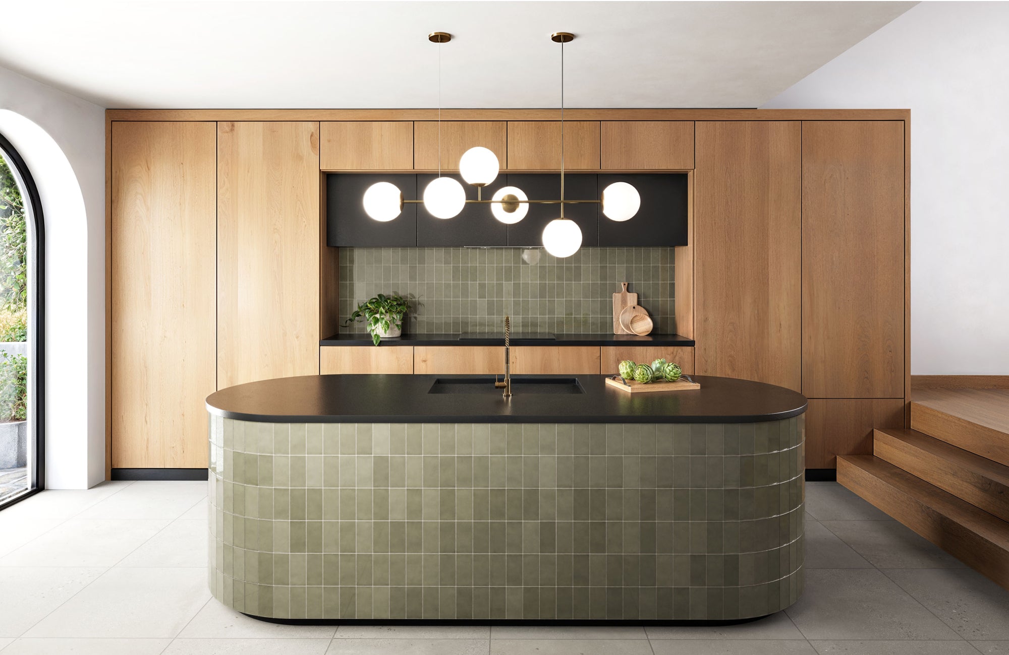 null Globe pendant chandelier enhancing warmth and balance in a modern wood-accented kitchen.