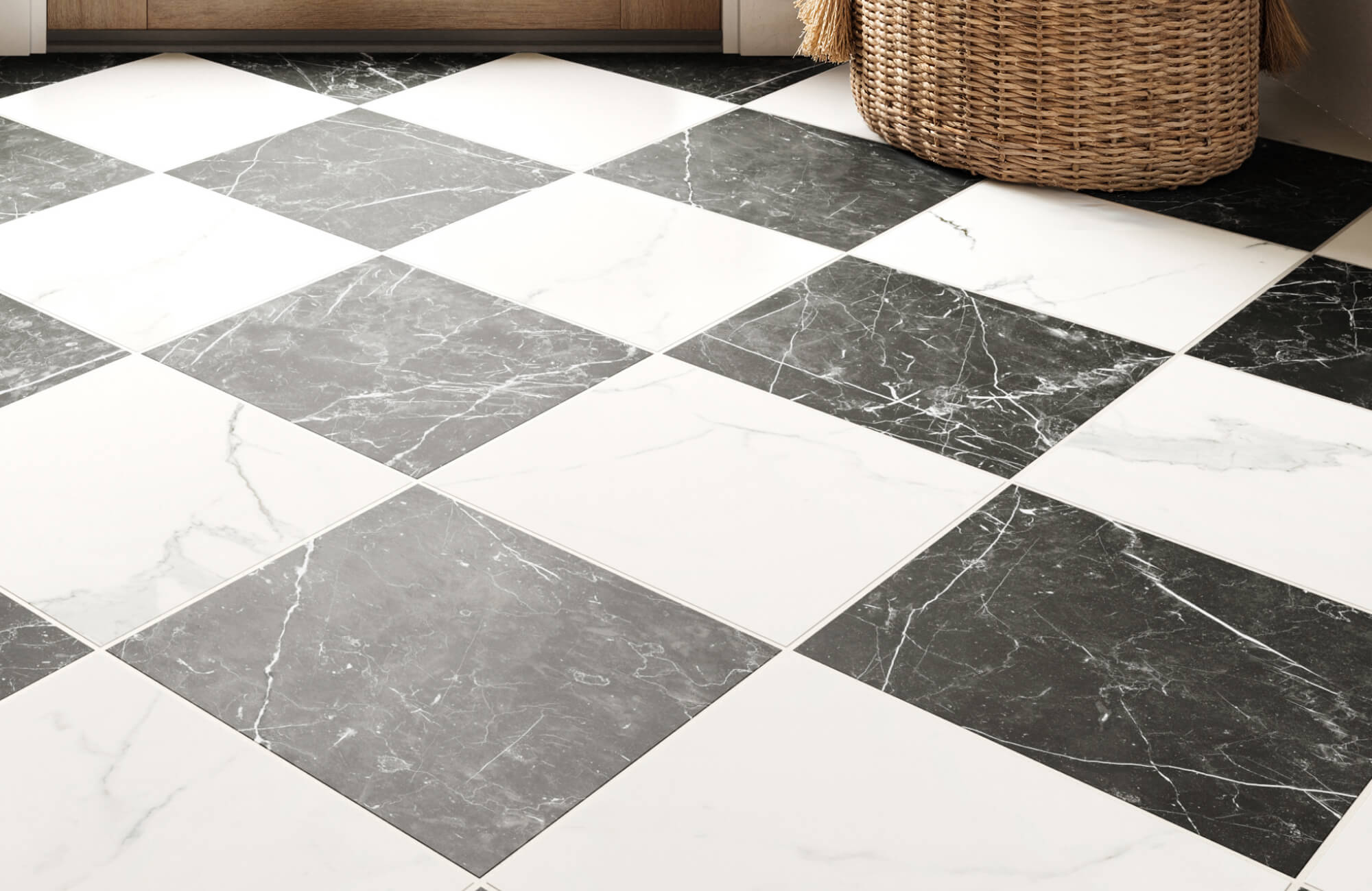 null Elegant black and white marble-effect tiles arranged in a striking checkerboard pattern, adding timeless sophistication to the floor.