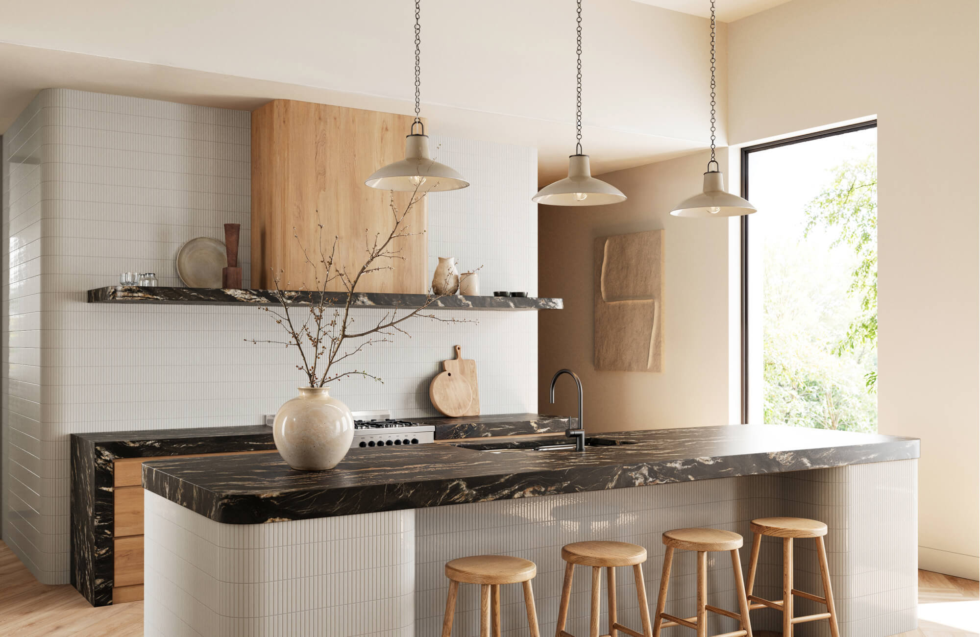 Vertical white kit-kat tiles wrap the island and backsplash, accented by creamy pendant lights and bold veined stone counters.