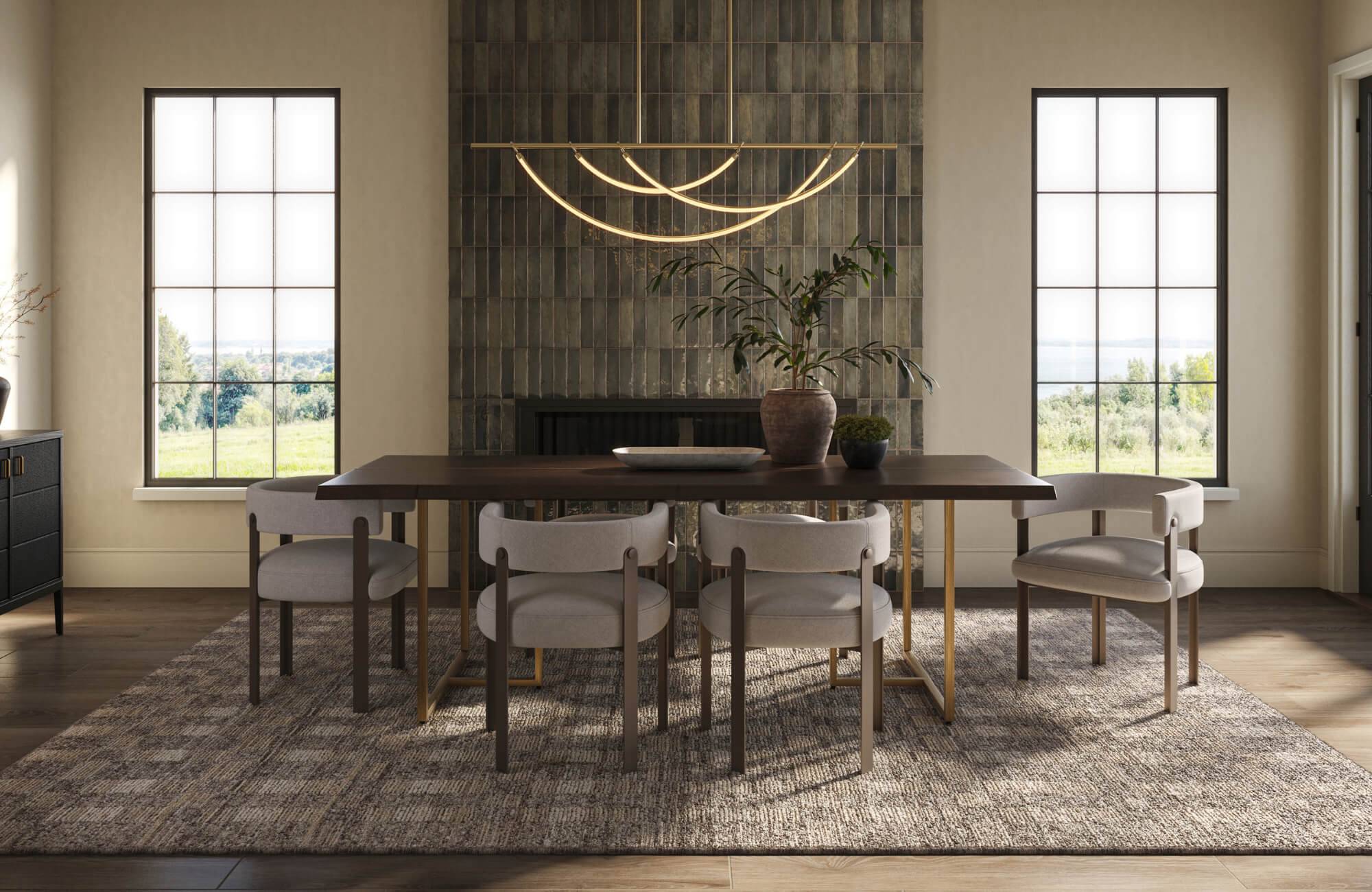 null Elegant dining room with a large textured rug, wood table, upholstered chairs, and tall windows bringing in natural outdoor light.