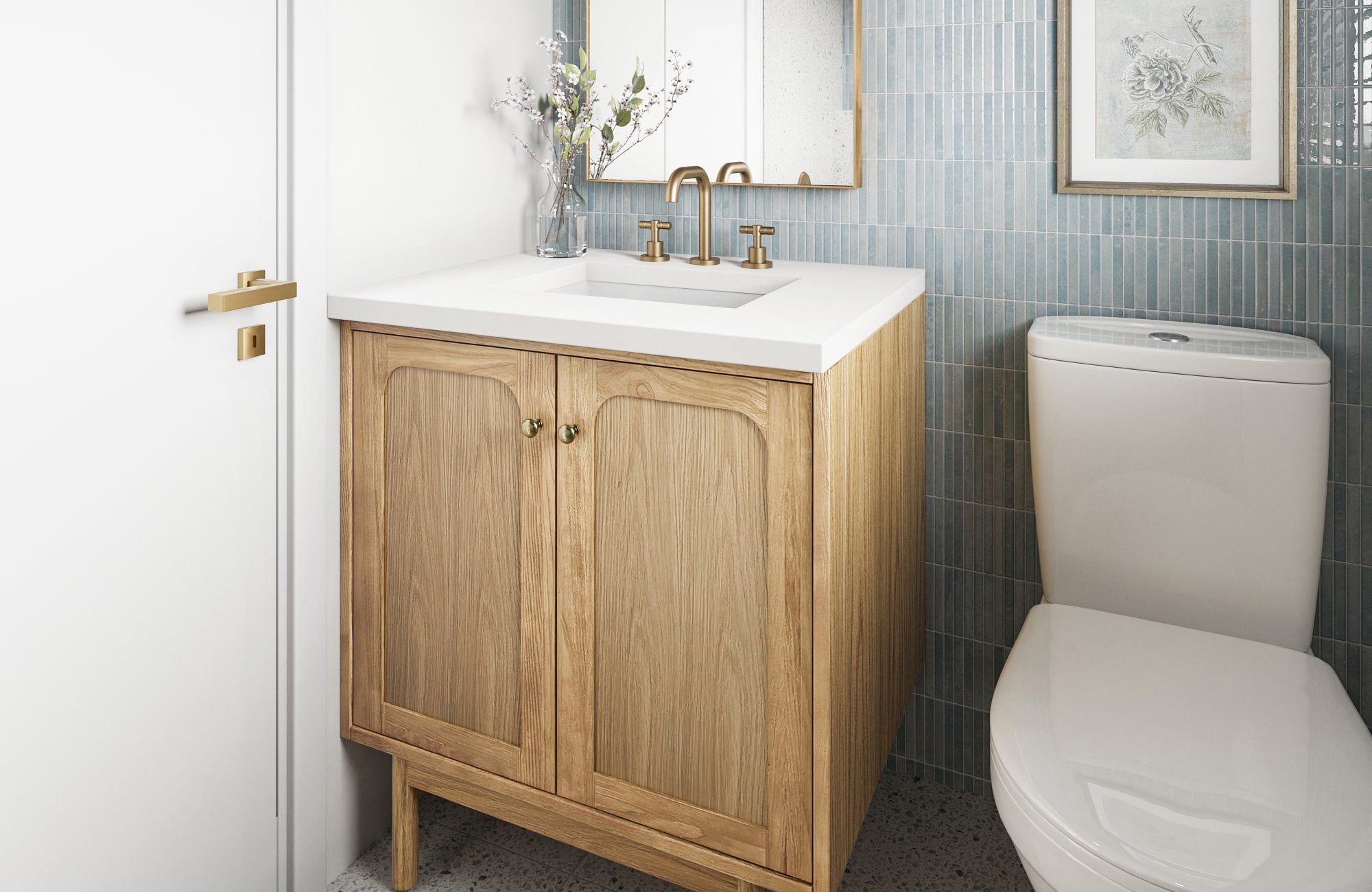 Compact 30-inch vanity in light wood finish with gold fixtures and blue tile accent wall in a small bathroom.