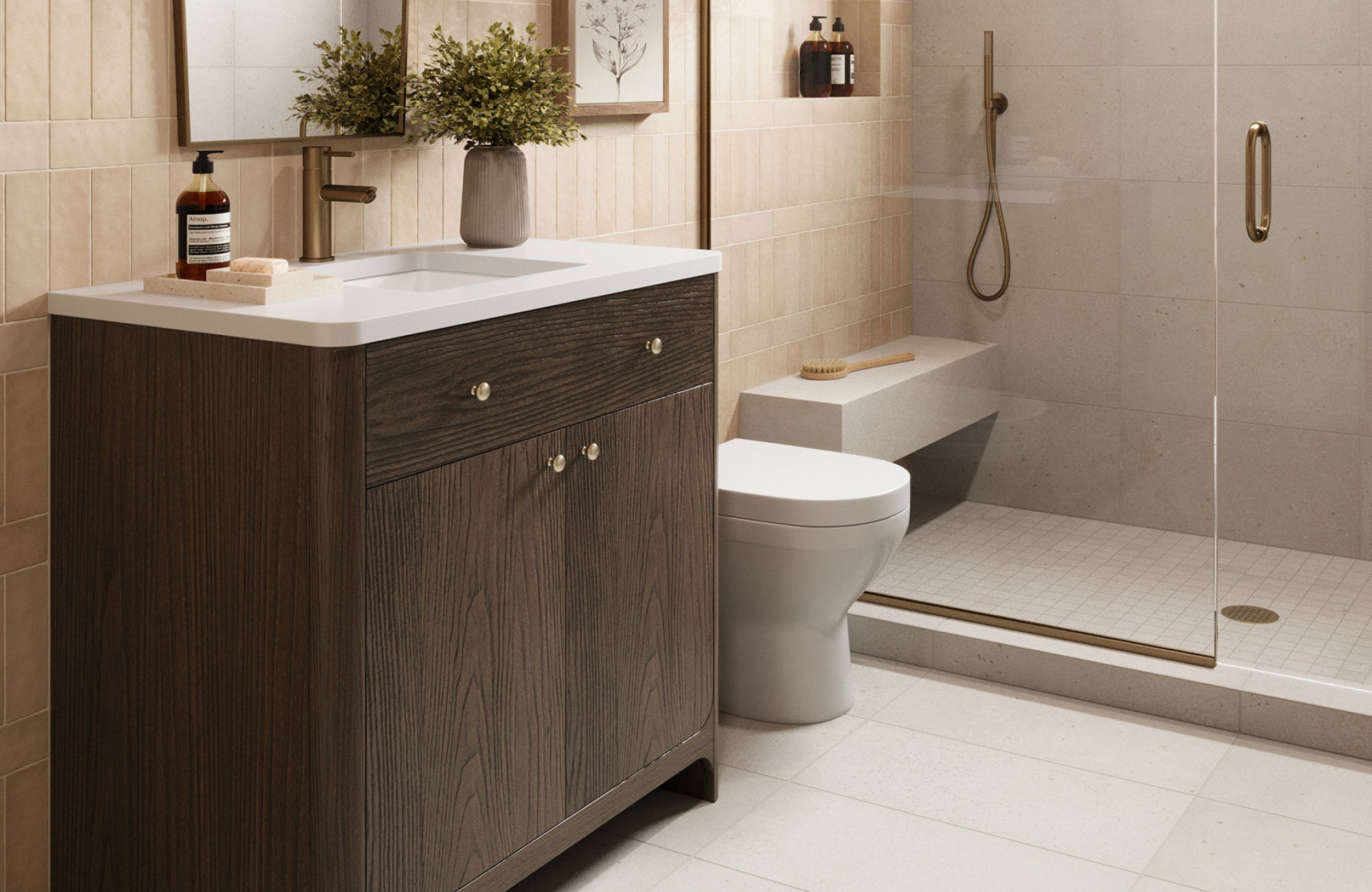 Dark wood single vanity with brushed hardware and quartz top in a warm, modern walk-in shower layout.