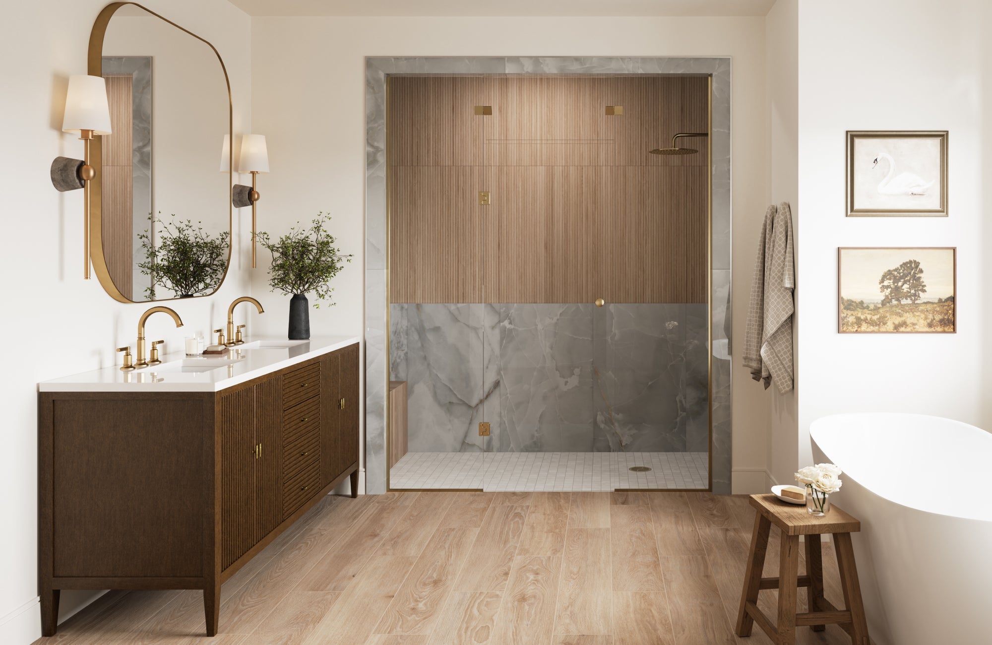 60-inch walnut double vanity with reeded drawer fronts and gold faucets, paired with a walk-in shower and tub.