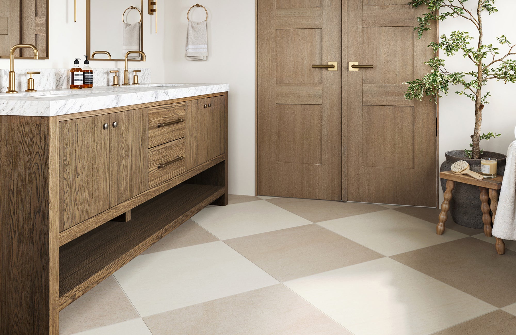 Rustic-inspired 72-inch wood vanity with marble countertop and open shelf, styled in a spacious neutral bathroom.