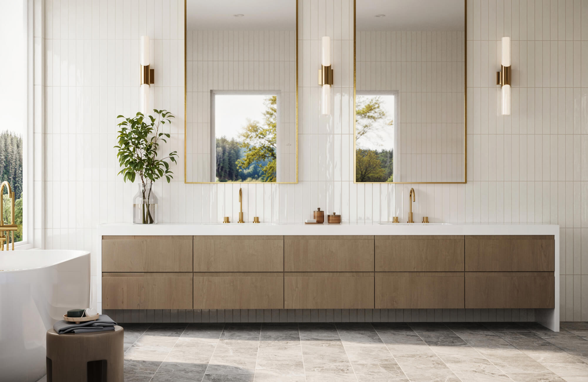 Bright bathroom with vertical white tiles, wood vanity, double mirrors, gold fixtures, and large windows for a serene minimalist design.