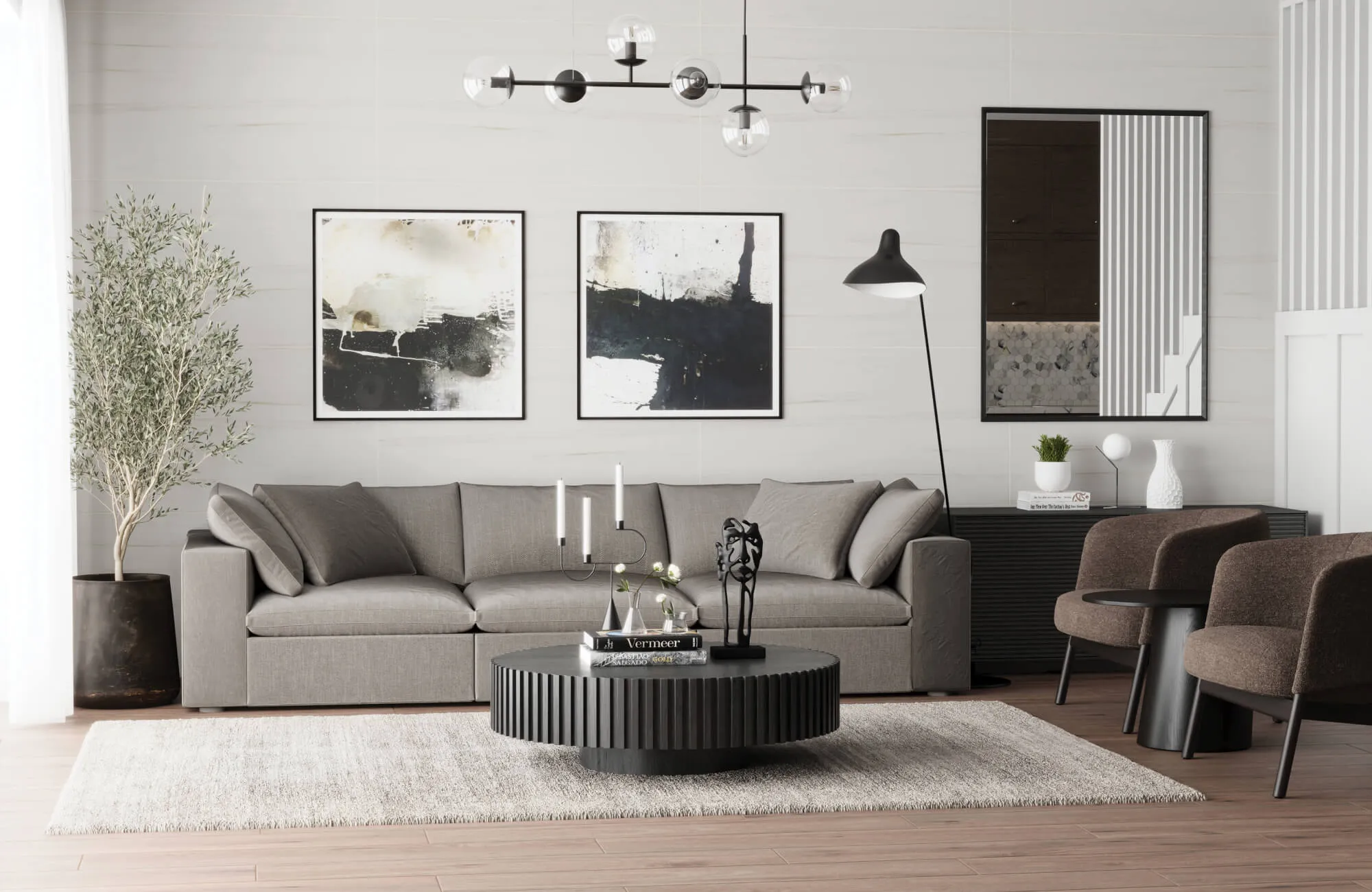 Large neutral textured area rug under the sofa and a round coffee table in a modern living room with a balanced furniture layout.