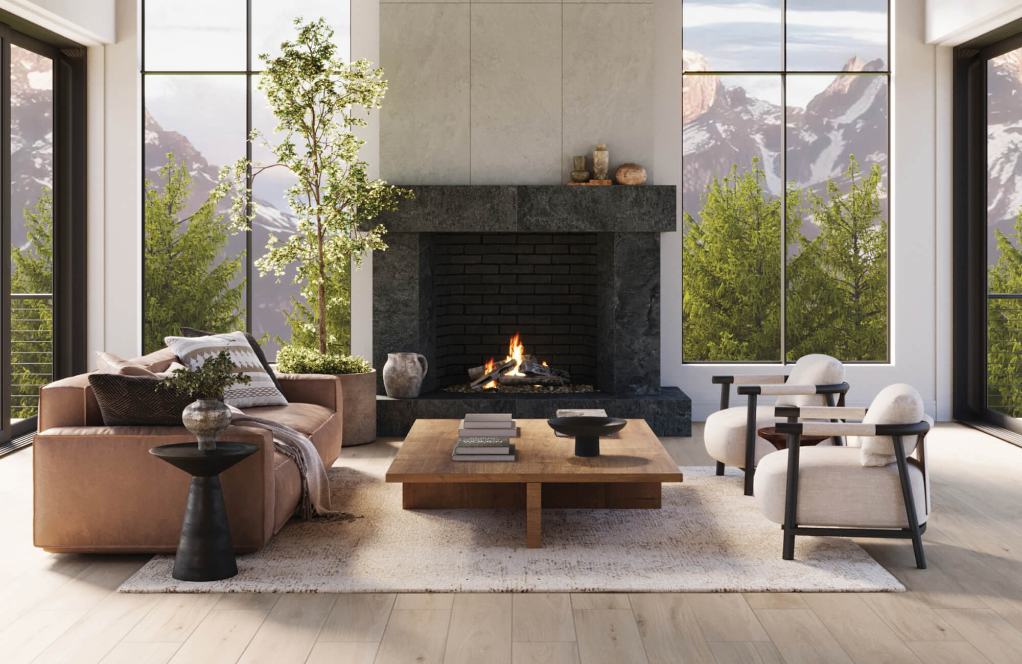 null Large neutral textured area rug anchoring sofa and chairs in cozy living room with fireplace and balanced seating layout.