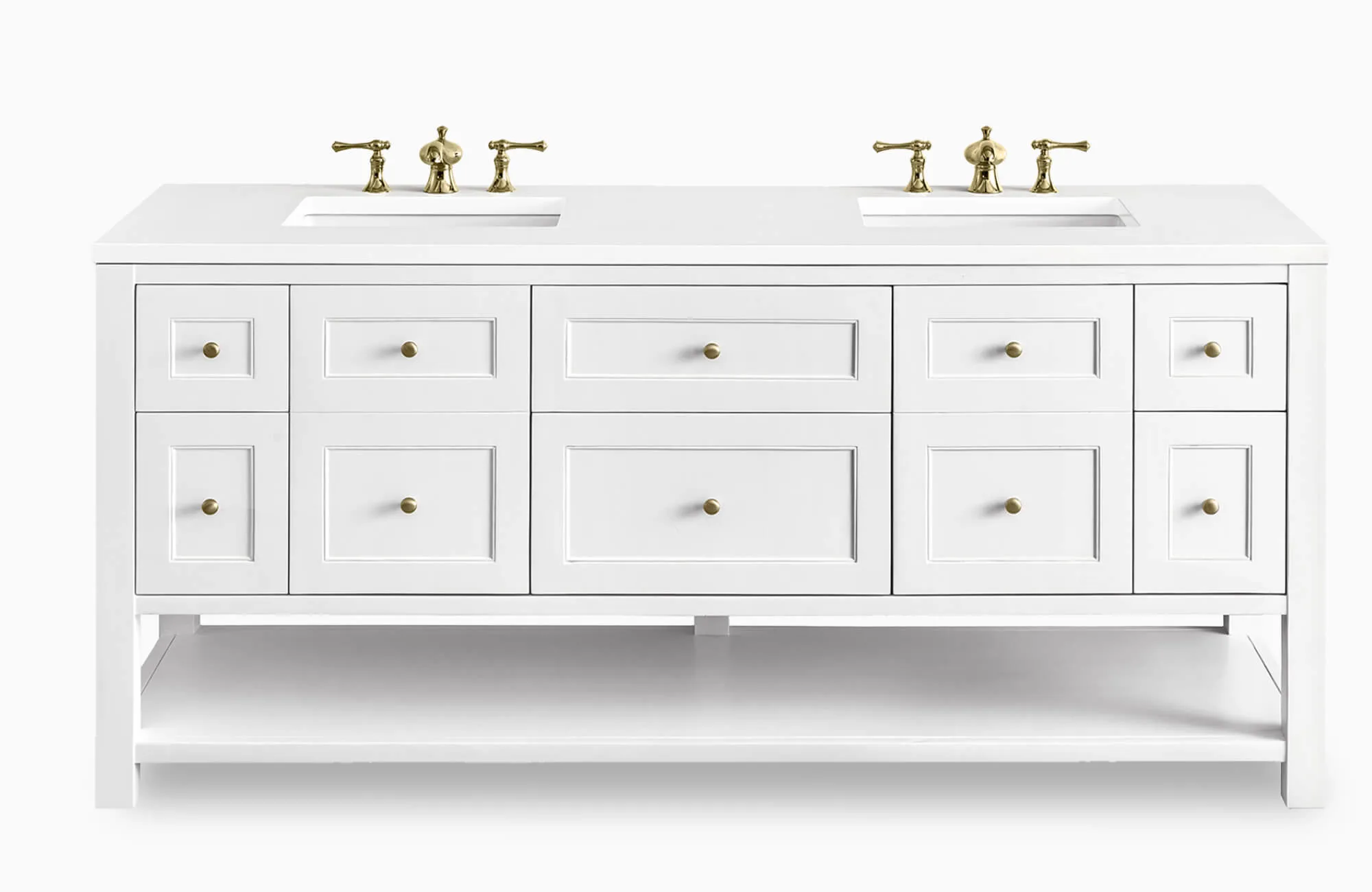 Sleek white double-sink vanity with brass fixtures and symmetrical drawer layout, offering a timeless, clean-lined design.