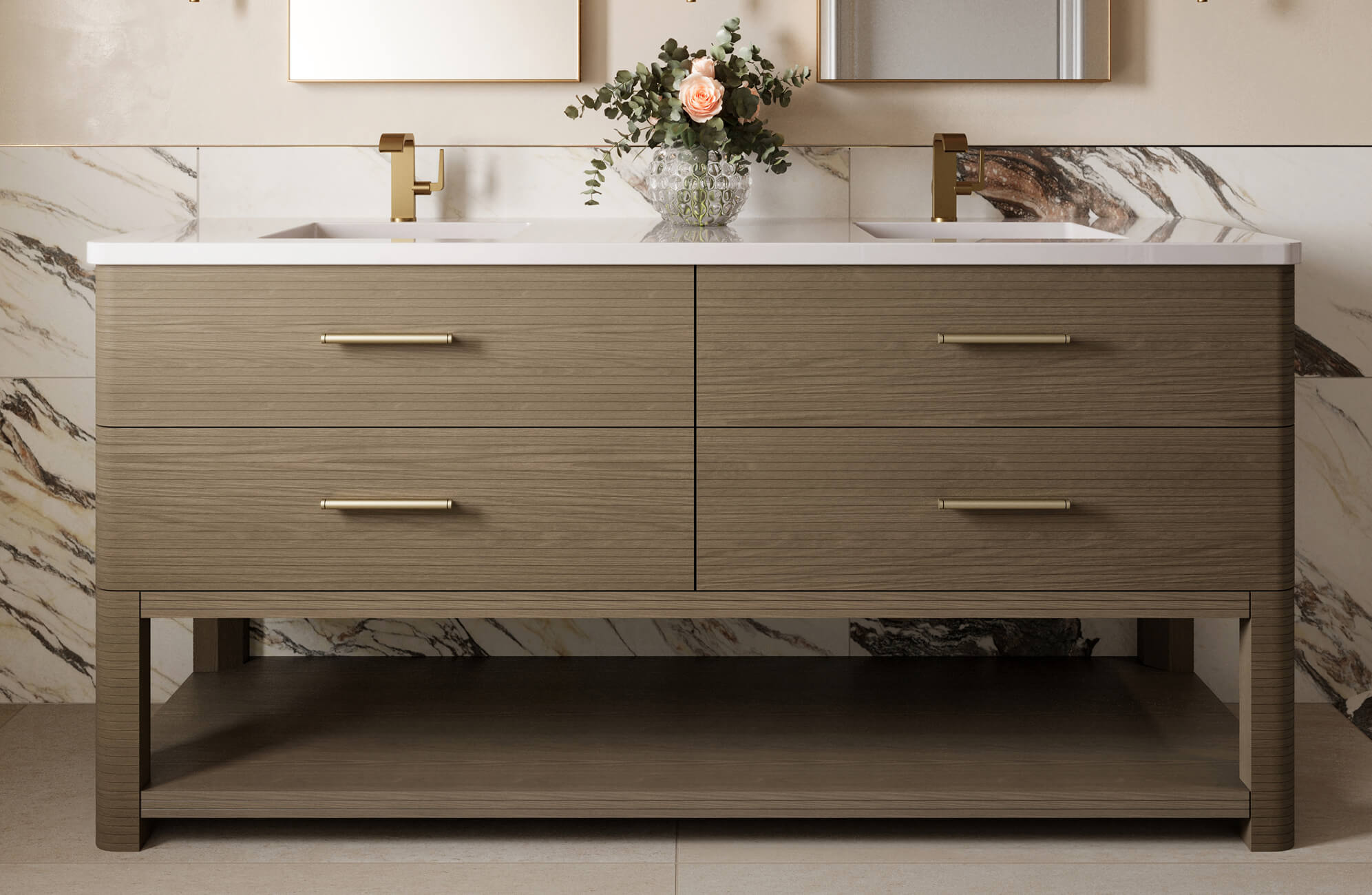null Contemporary wood double-sink vanity with sleek brass handles and faucets, set against a striking marble tile backsplash.