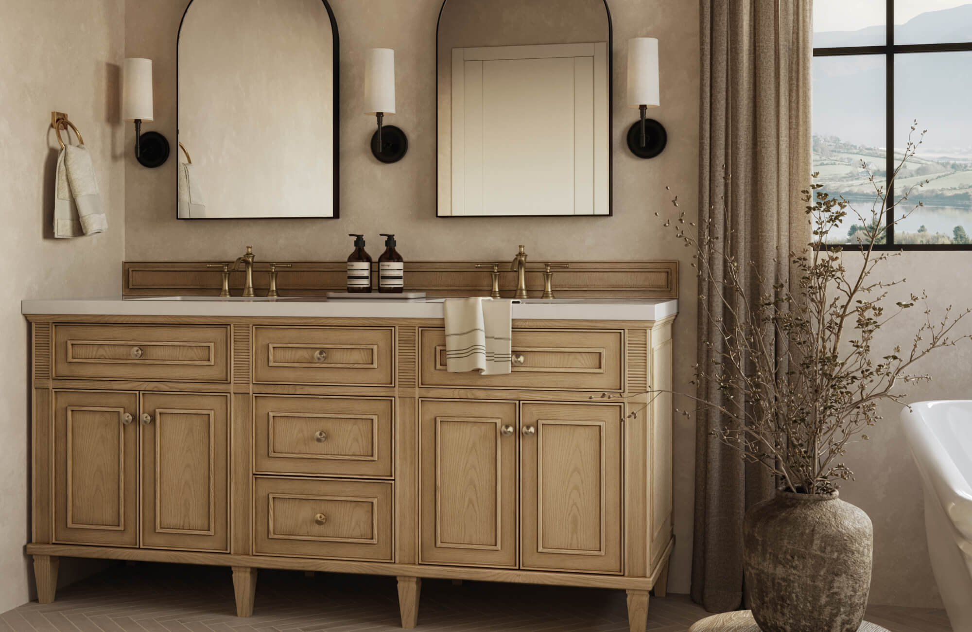 null Elegant light oak double-sink vanity with vintage-style detailing, brass fixtures, and classic paneled drawers for a timeless charm.