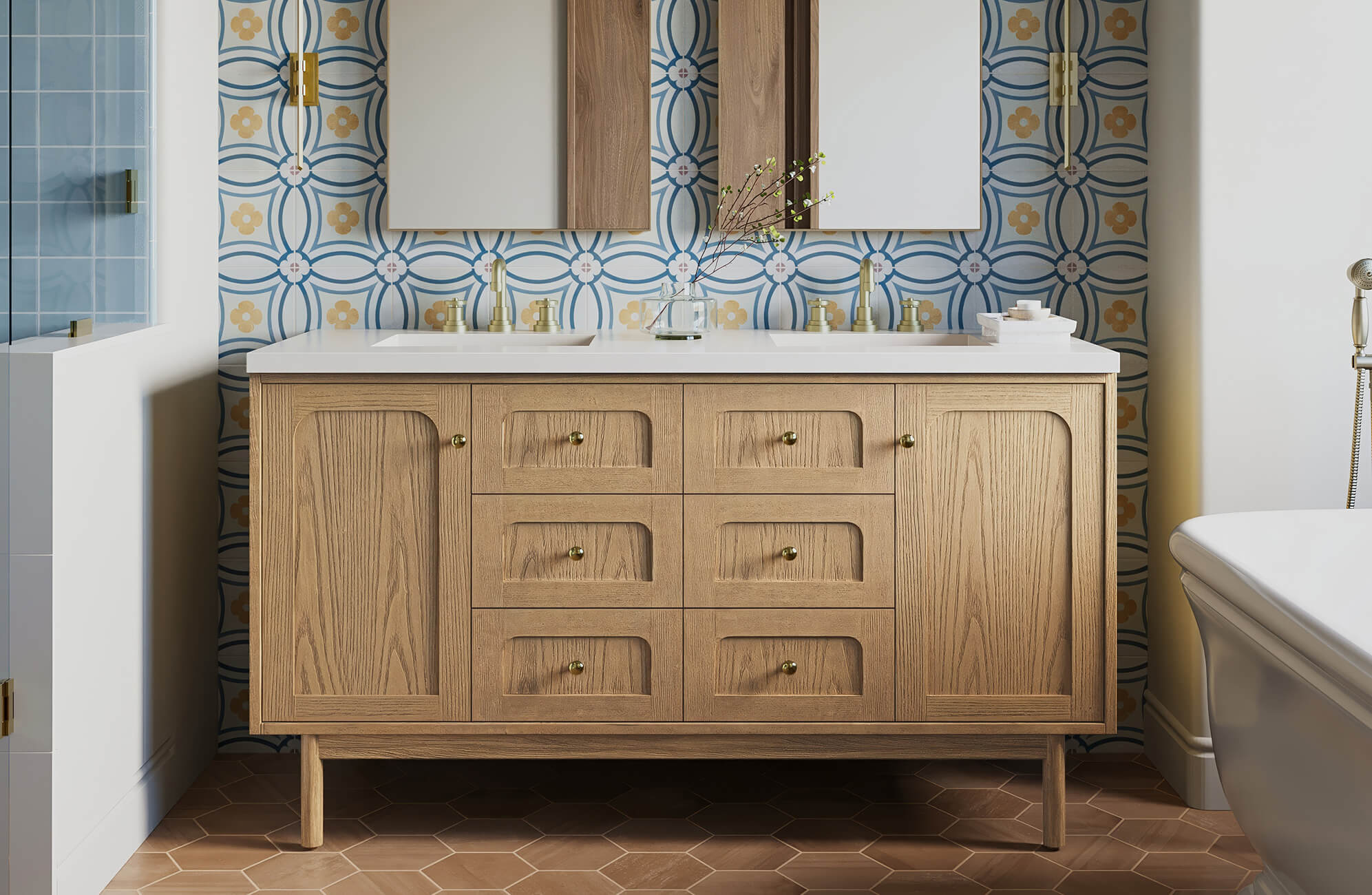 null Bold blue and mustard floral tiles add vintage charm behind a light oak double vanity with brass accents.